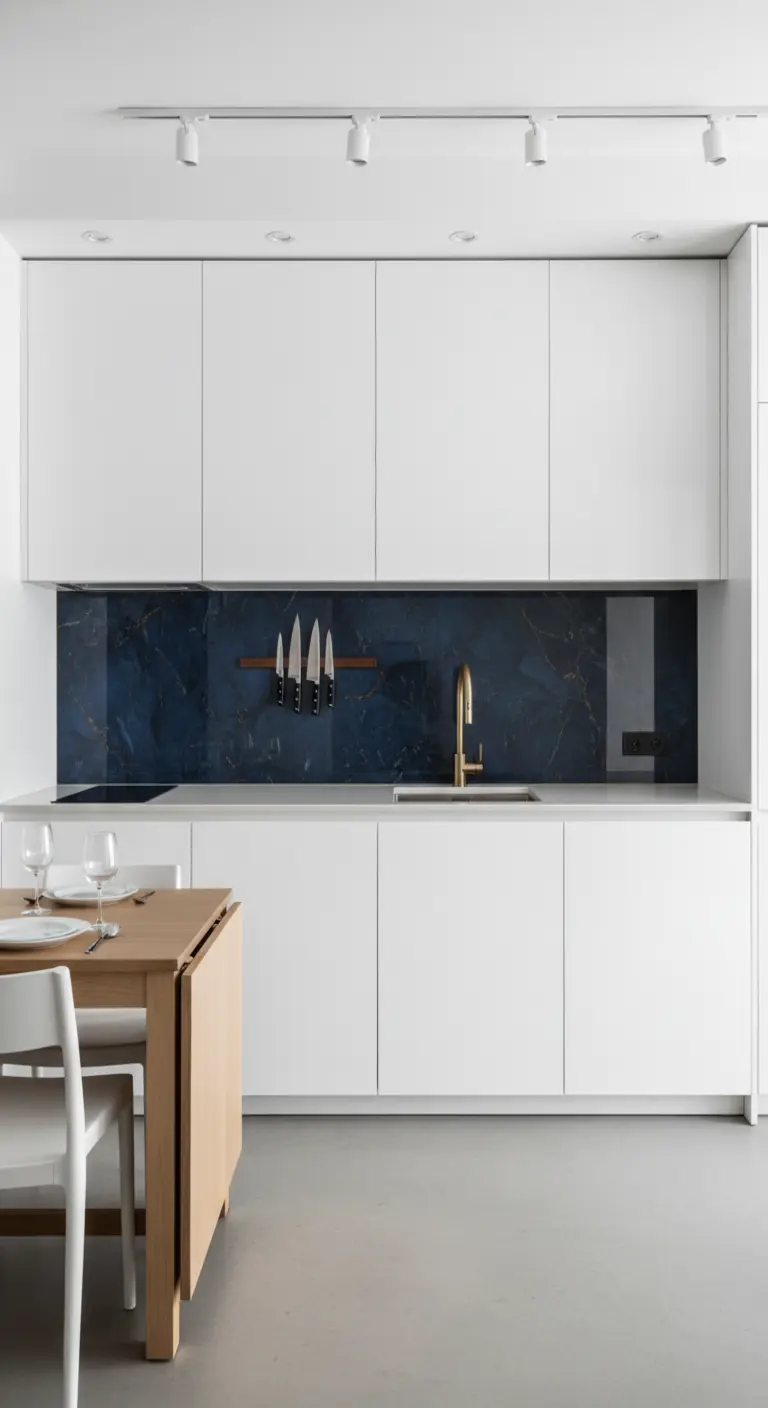 Cucina minimalista bianca con un unico paraschizzi in marmo blu notte e rubinetto dorato.