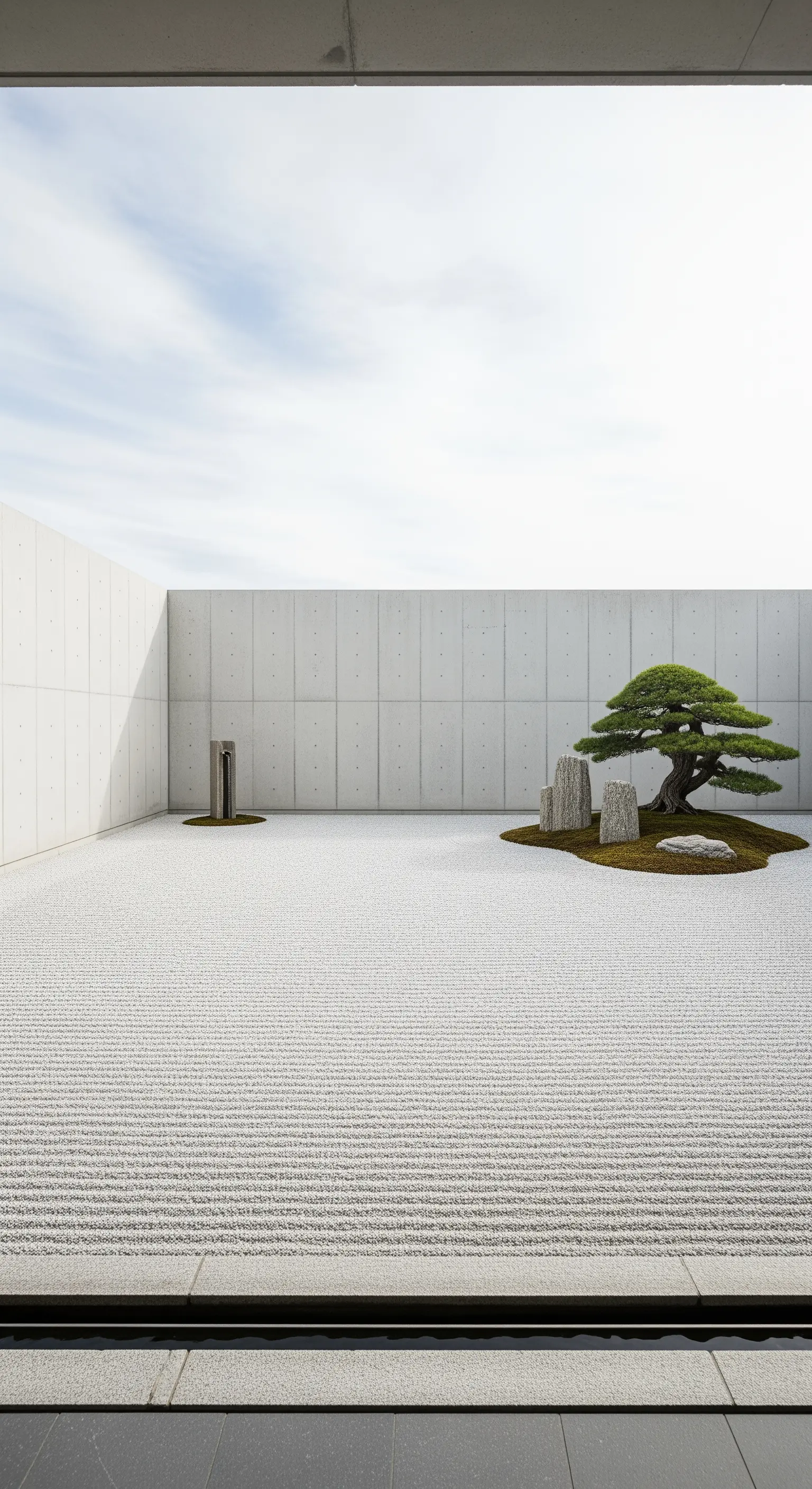 Giardino zen minimalista con pareti in cemento, sabbia rastrellata e un unico bonsai