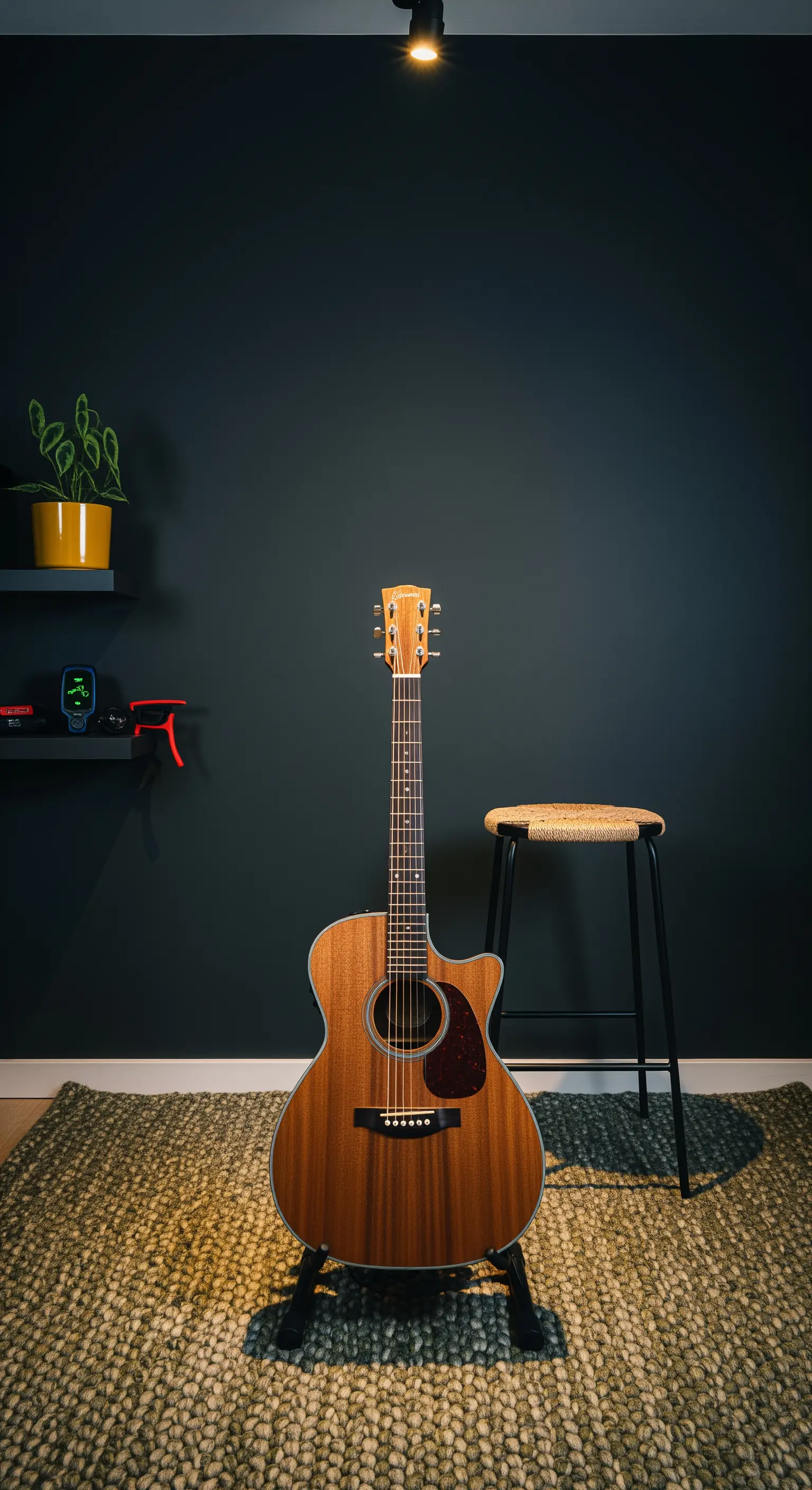 Angolo musica con parete scura, chitarra su un supporto e tappeto di iuta.