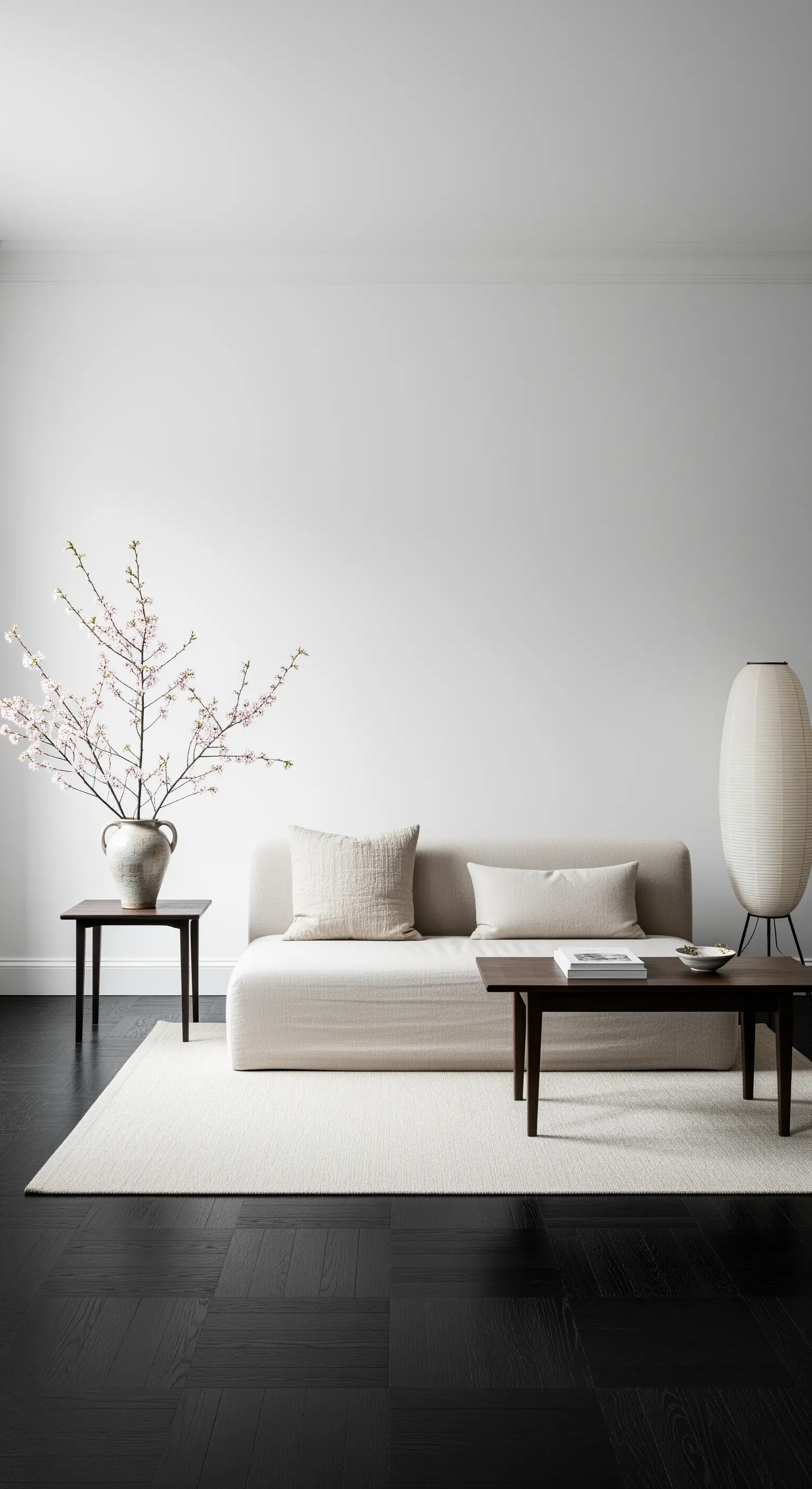 Spazio minimalista con pavimento nero, tappeto color crema e divano basso