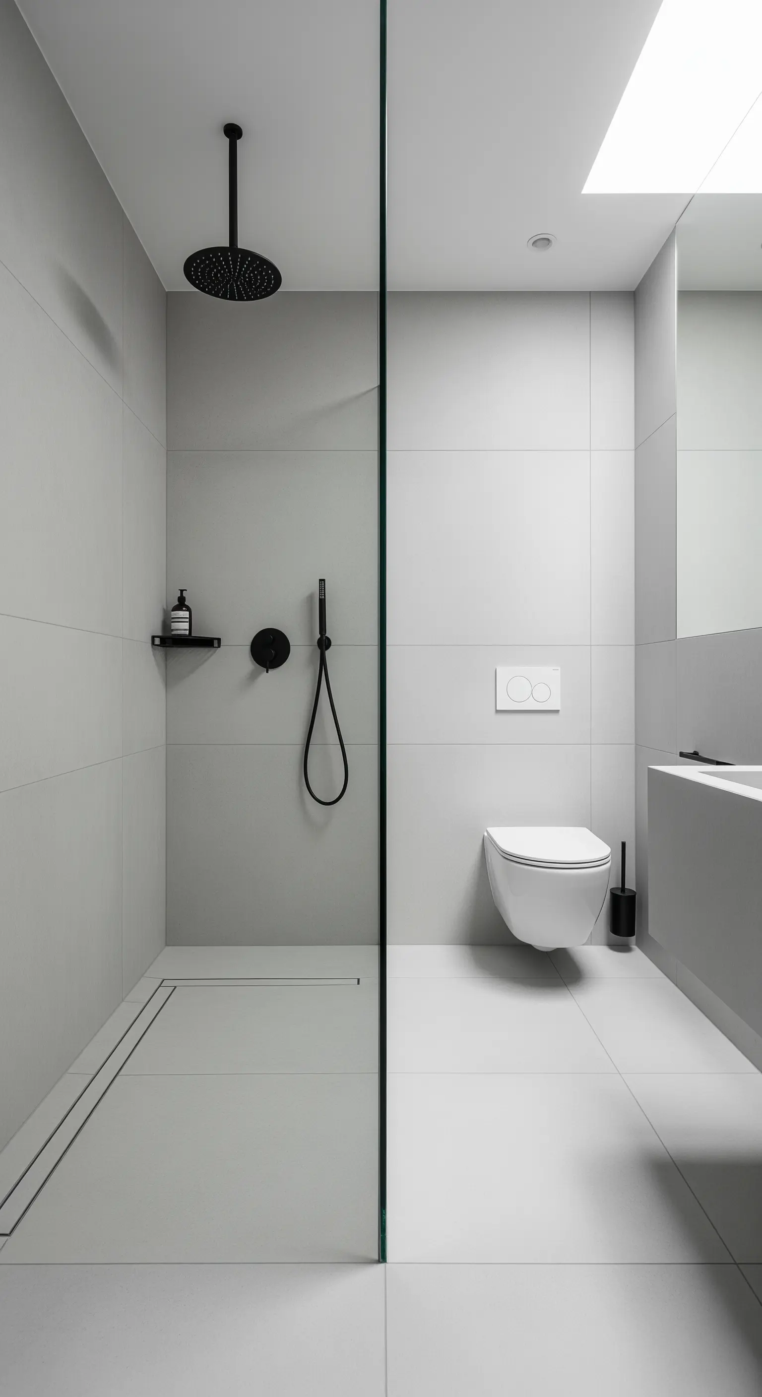 Bagno minimalista grigio con doccia a filo pavimento e parete in vetro.