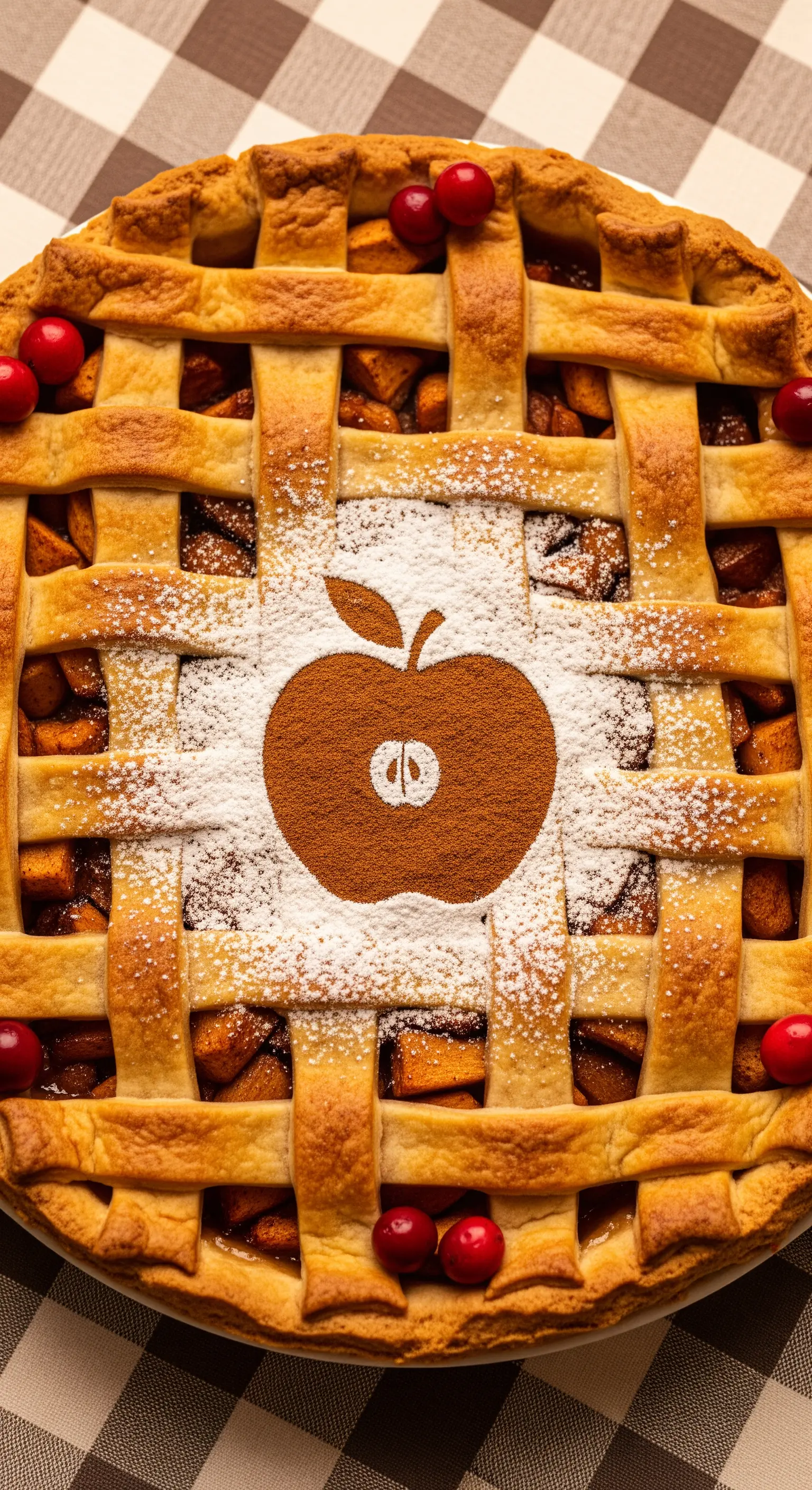 Apple pie con grata decorata al centro con una mela di cannella su sfondo di zucchero a velo.