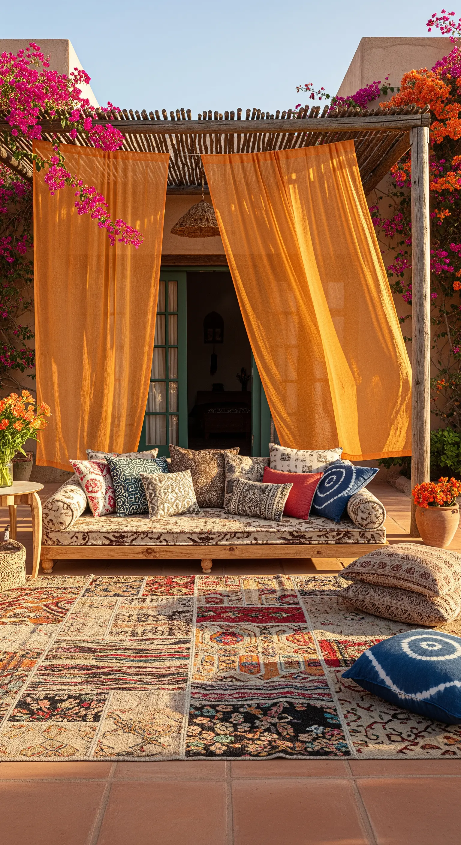 Patio bohémien con divano basso, tappeto patchwork e tende arancioni che fluttuano al vento.