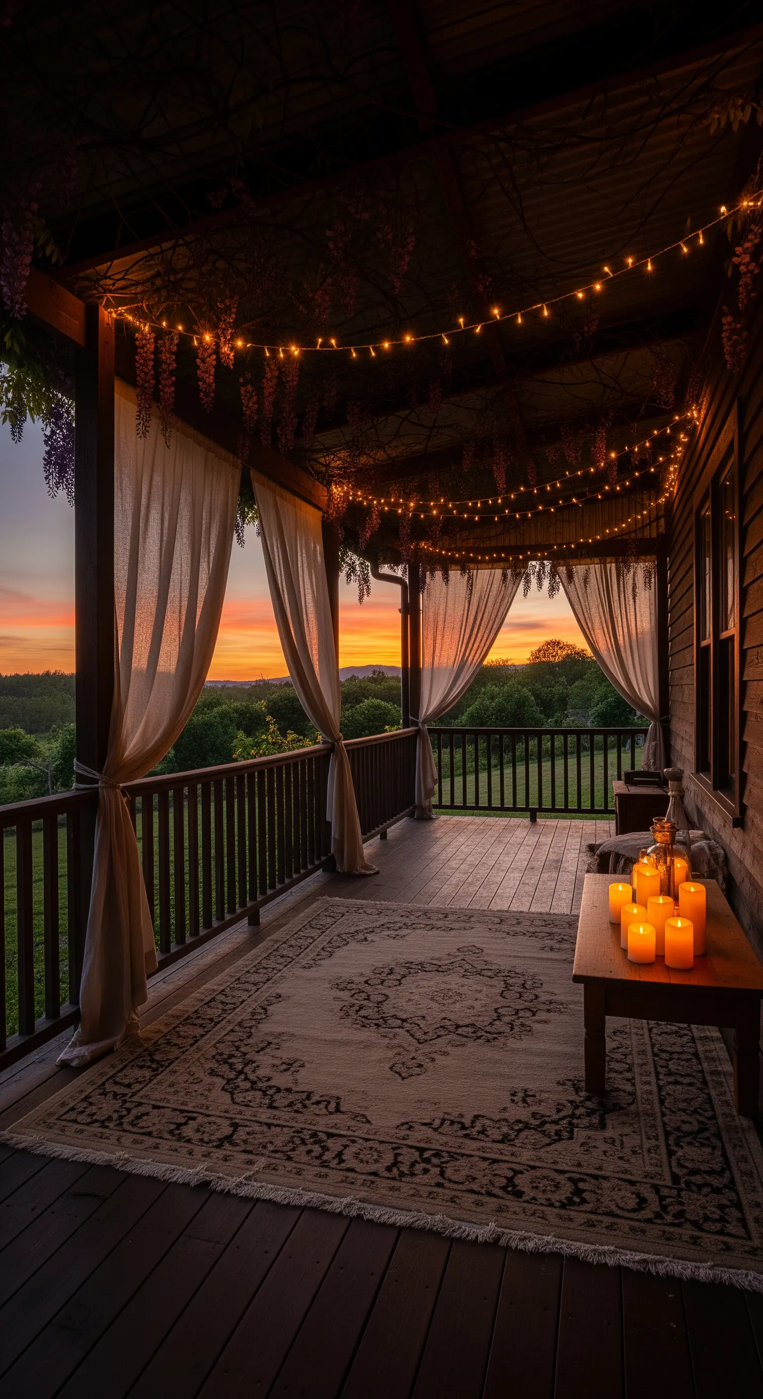 Veranda rustica al tramonto con tende di lino, tappeto persiano e luci calde a catena.