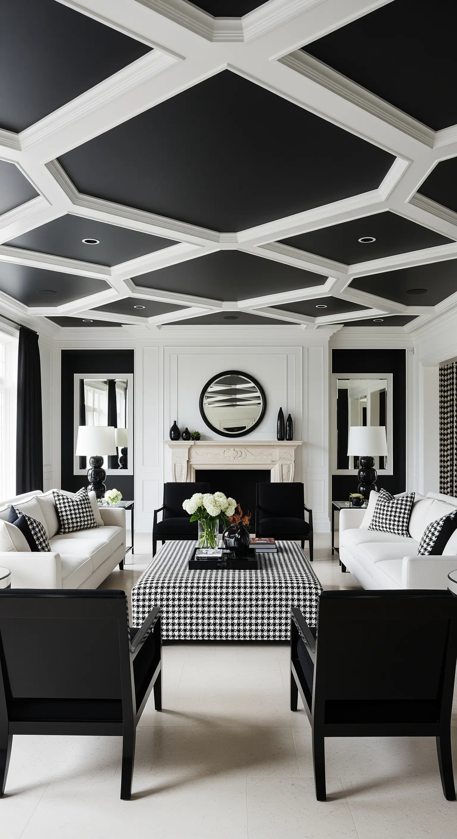 Salotto elegante con soffitto a cassettoni bianco e nero e pouf centrale pied-de-poule.
