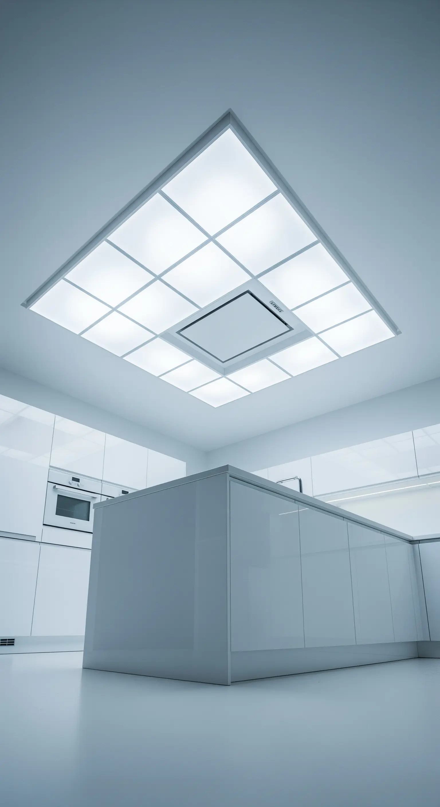 Cucina moderna total white con un grande pannello luminoso a griglia sul soffitto.