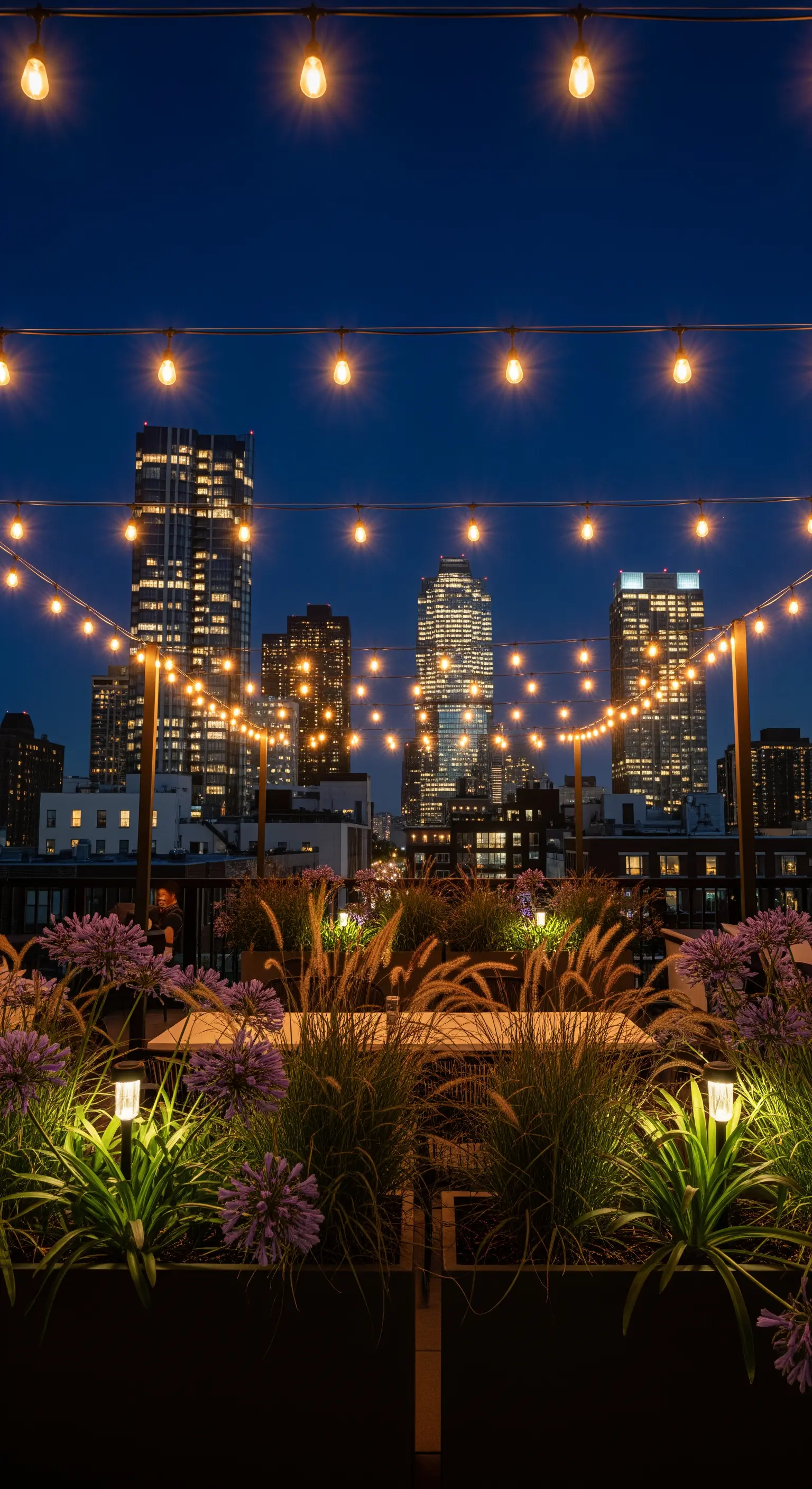 Terrazza urbana con catenarie di lampadine e luci solari tra le piante.
