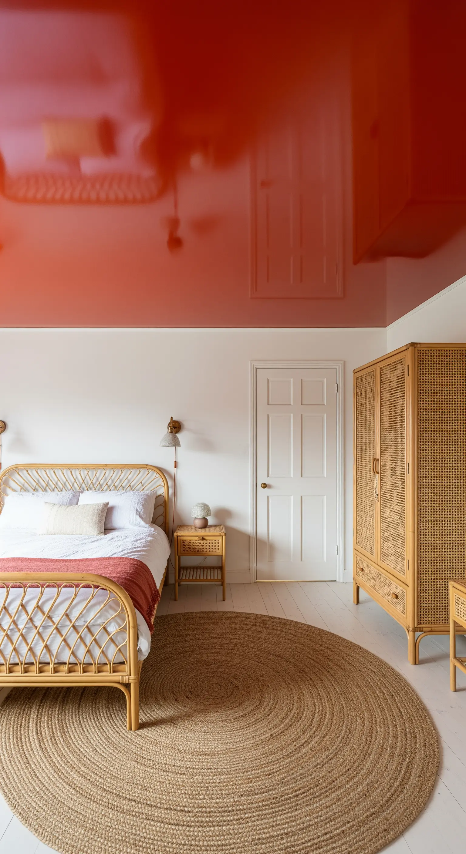 Camera da letto con mobili in rattan, tappeto in iuta e un sorprendente soffitto arancione lucido.