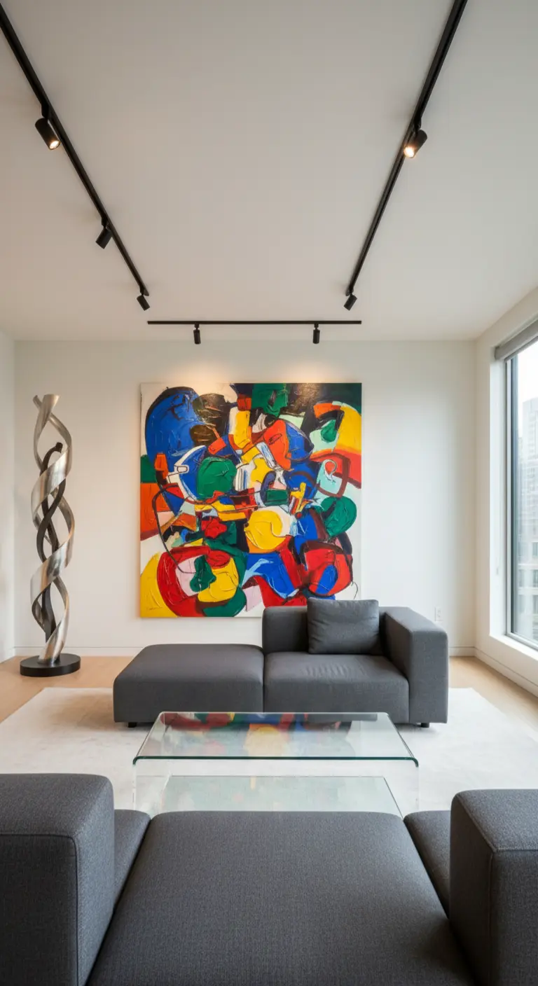 Soggiorno minimalista con un grande quadro astratto e colorato e un divano grigio diviso.