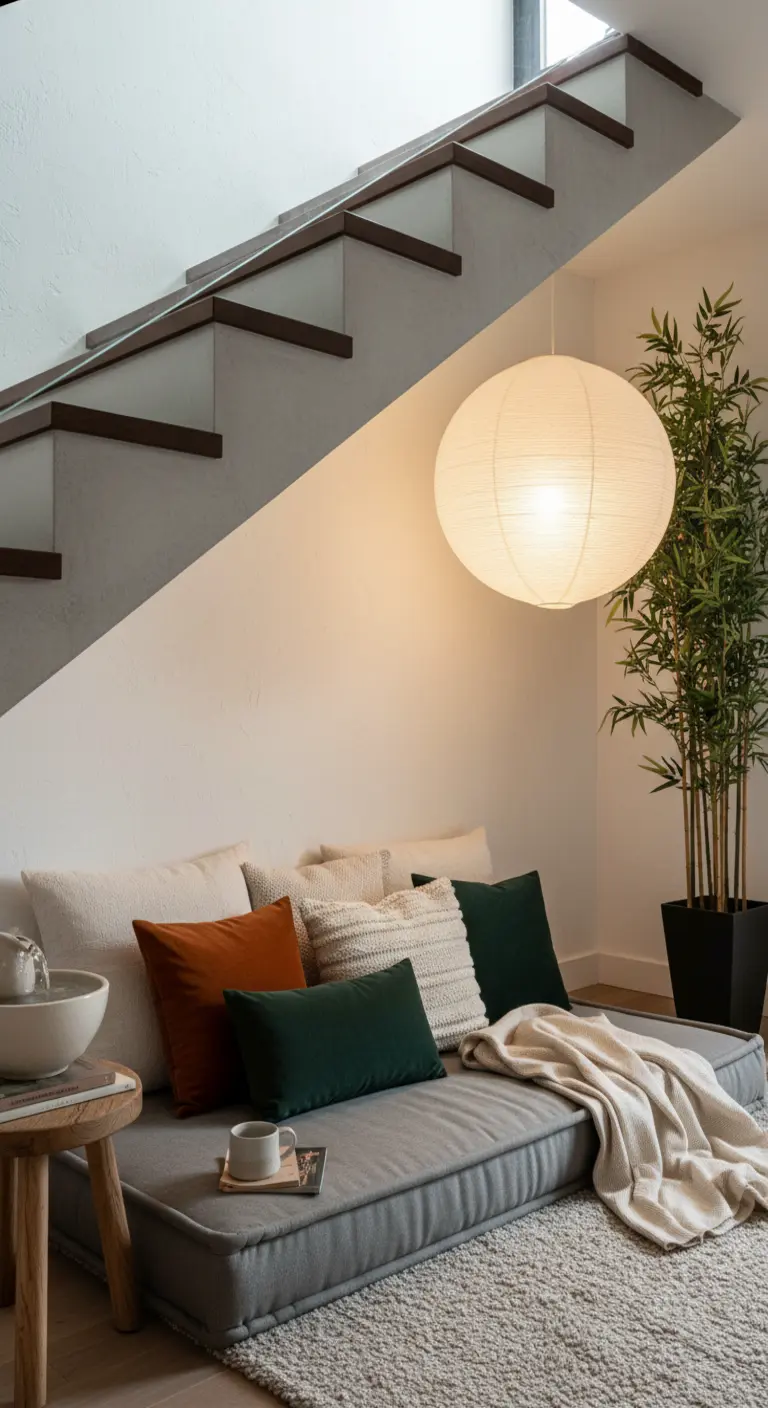 Angolo relax sotto le scale con materassi a terra, cuscini colorati e lampada di carta.