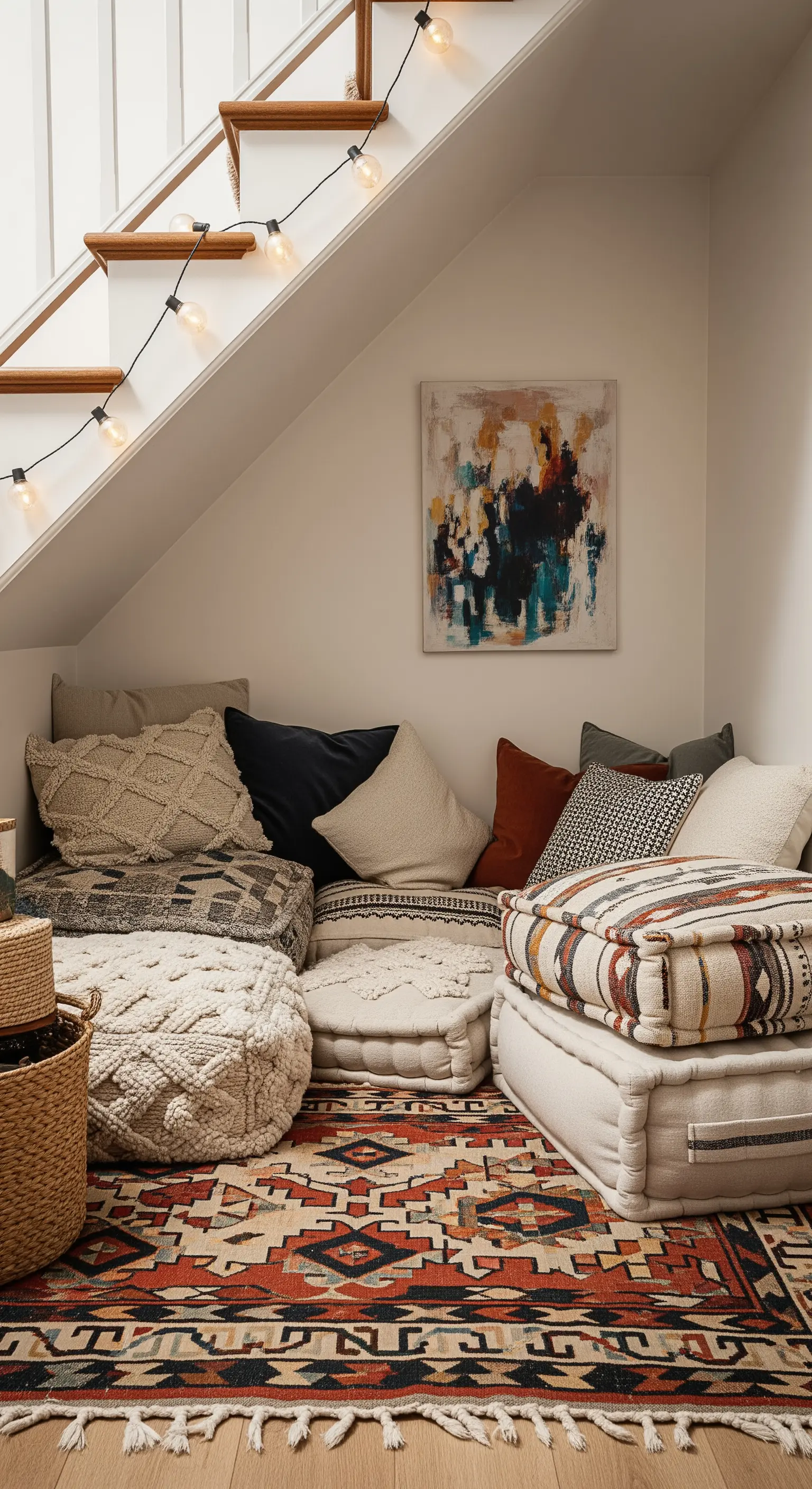 Sottoscala trasformato in un angolo relax con un accumulo di cuscini e pouf su un tappeto etnico.