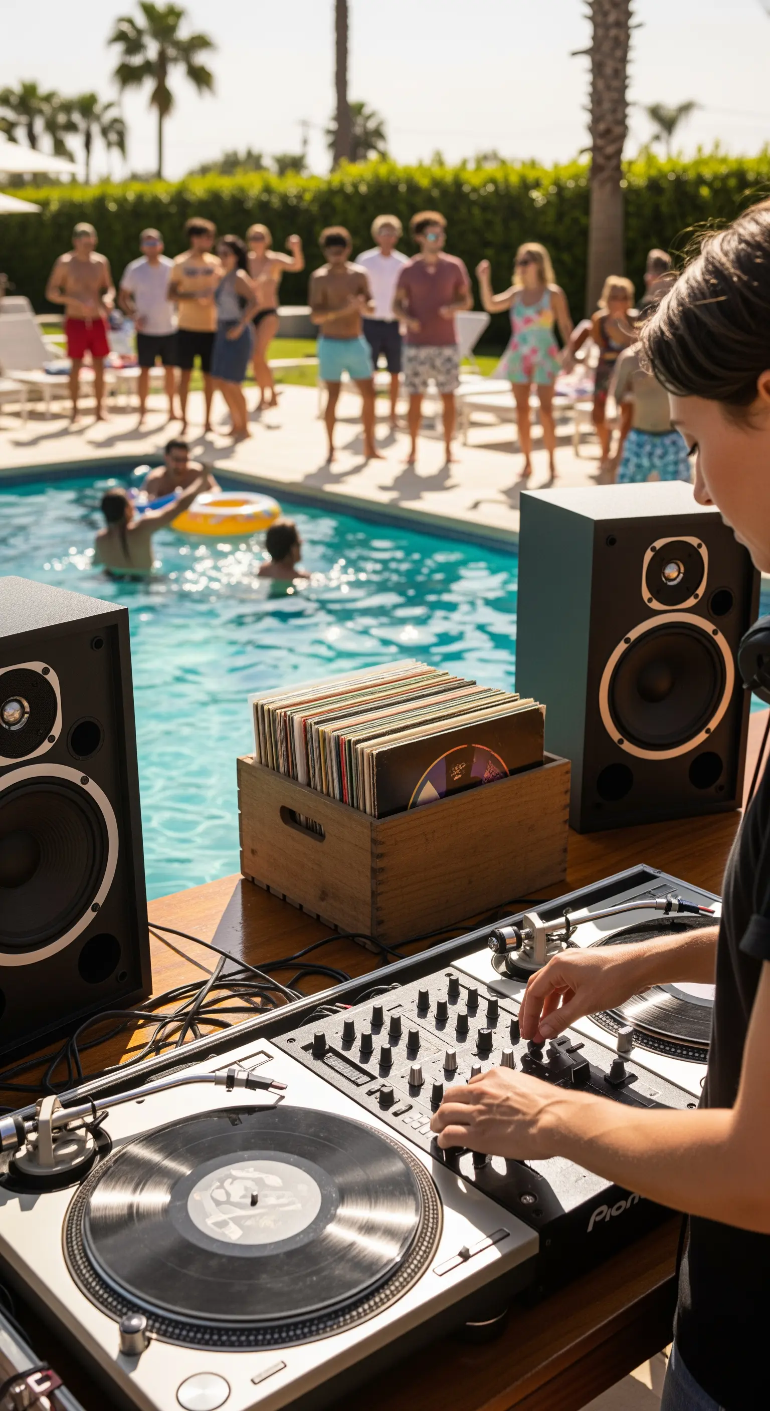 DJ che seleziona musica da dischi in vinile a una festa in piscina.