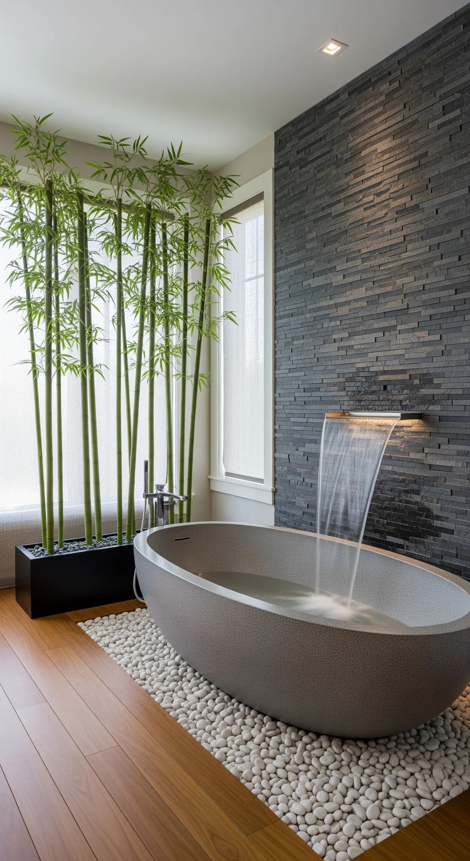 Vasca da bagno freestanding su ciottoli bianchi con cascata a parete e piante di bambù.