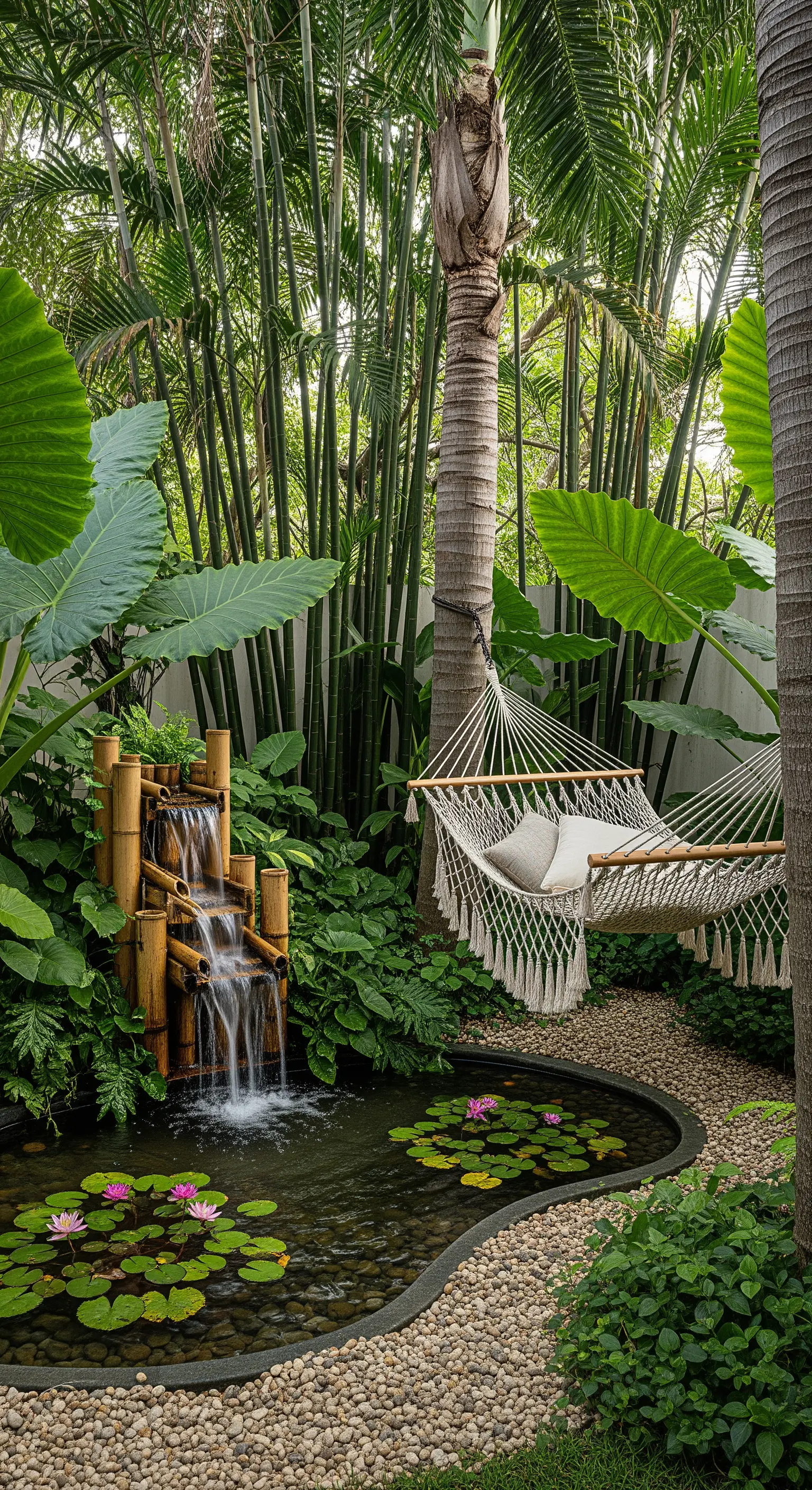 Angolo giardino tropicale con amaca in macramè, laghetto e fontana in bambù.