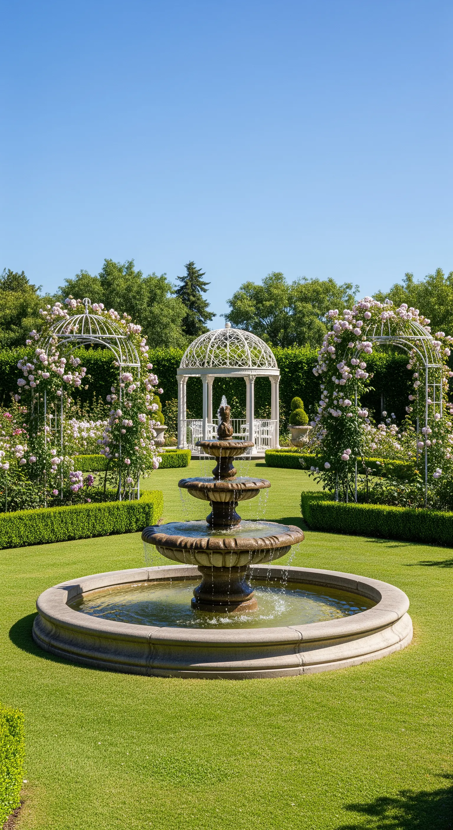 Giardino formale con fontana in primo piano, gazebo bianco e archi di rose sullo sfondo.