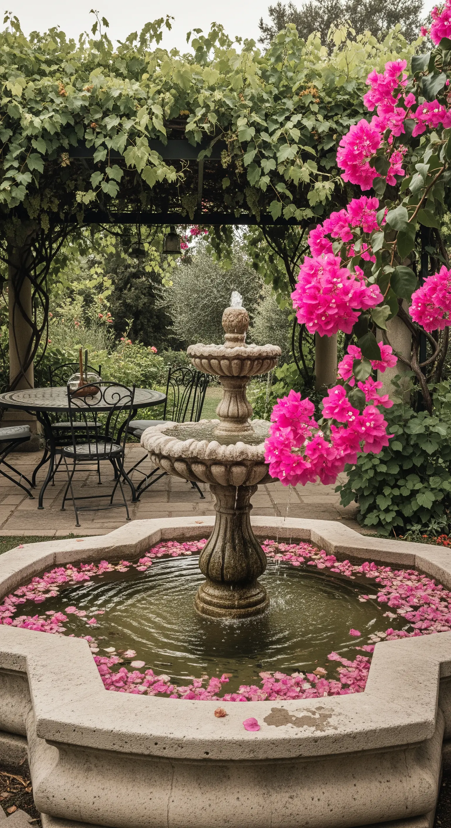 Fontana in pietra in un giardino lussureggiante, con petali di bouganville rosa.