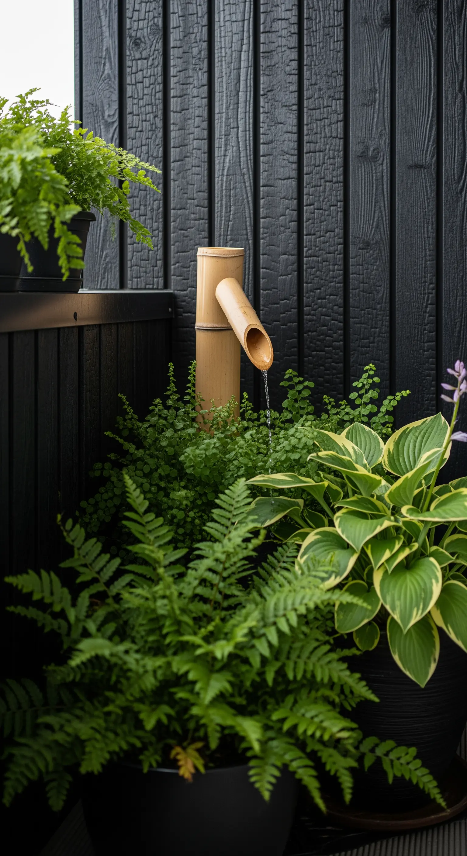 Fontana shishi-odoshi in bambù contro una parete di legno nero bruciato.