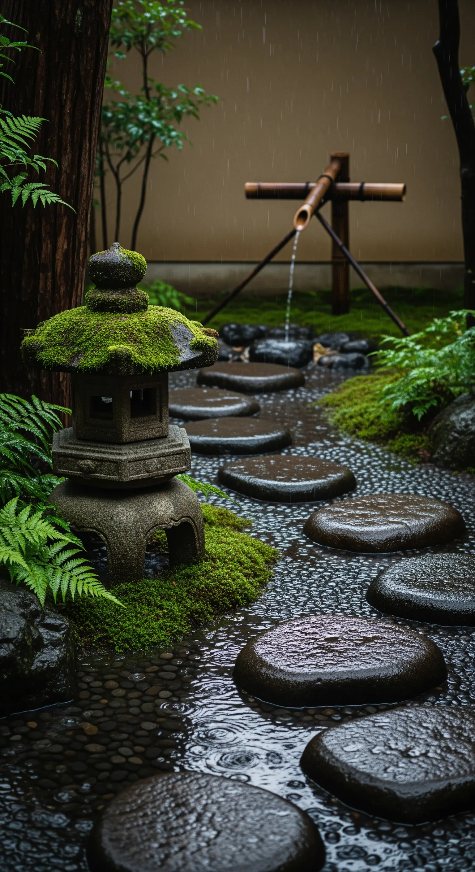Sentiero di pietre bagnate dalla pioggia, con lanterna e fontana in bambù.