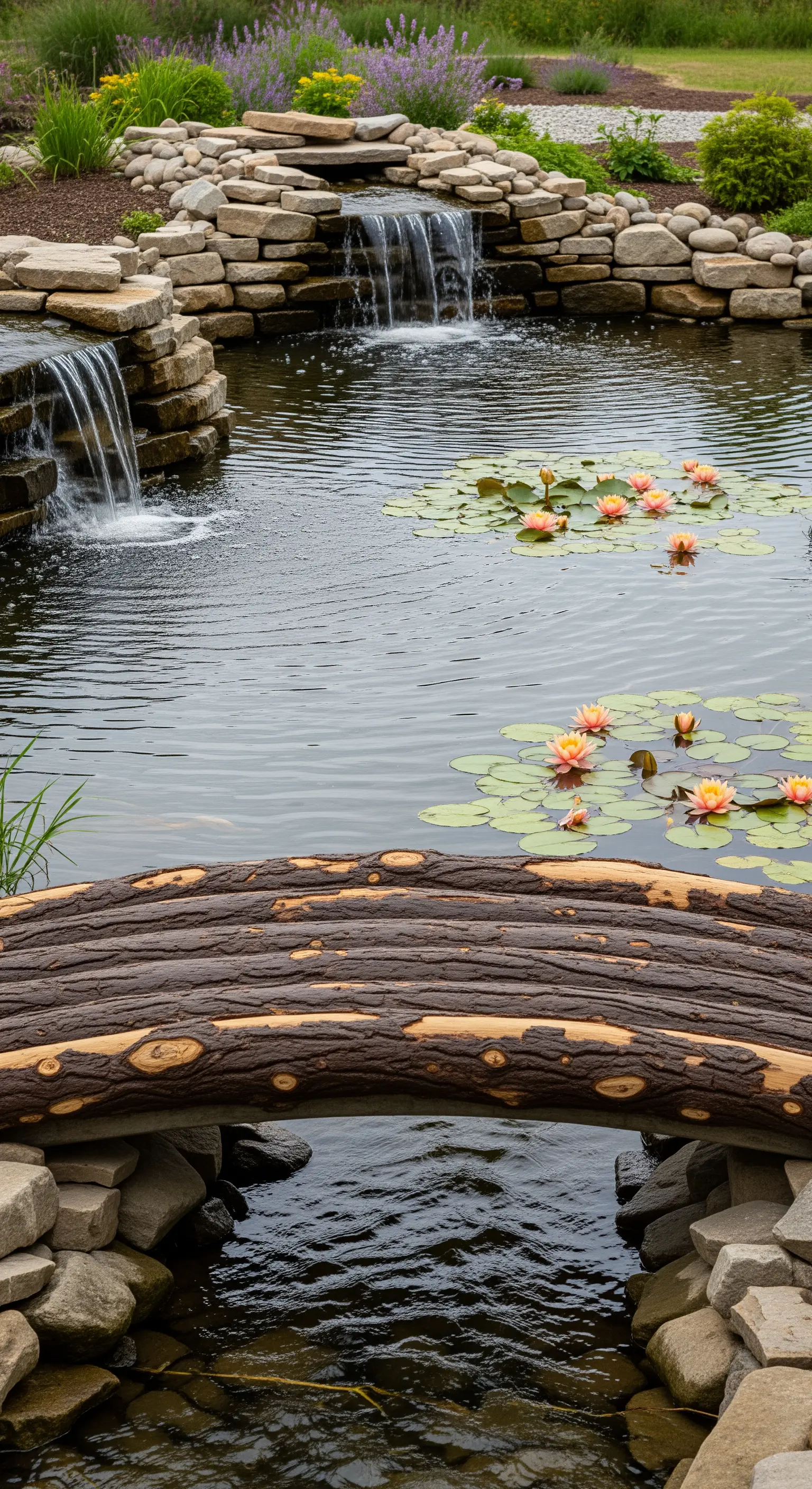 Ponte a forma di tronco d'albero sopra un laghetto con piccole cascate in pietra