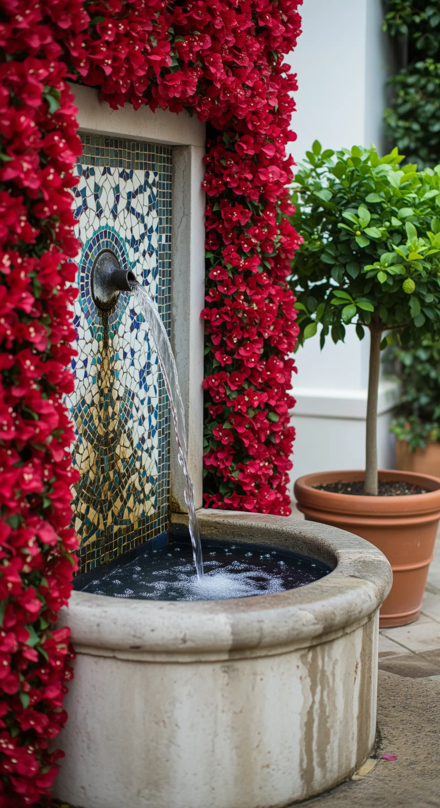 Fontana a muro in mosaico circondata da bouganville rossa e con un agrume in vaso.