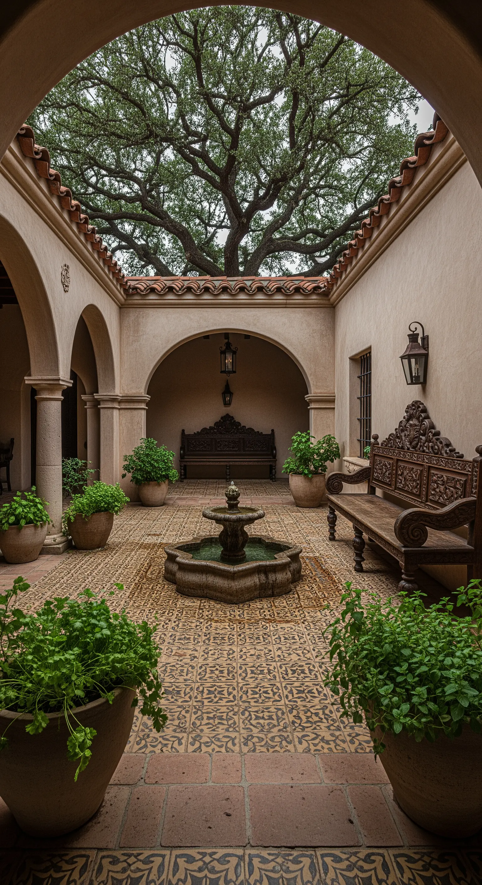 Cortile mediterraneo con fontana centrale, panche in legno intagliato e pavimento a mosaico.