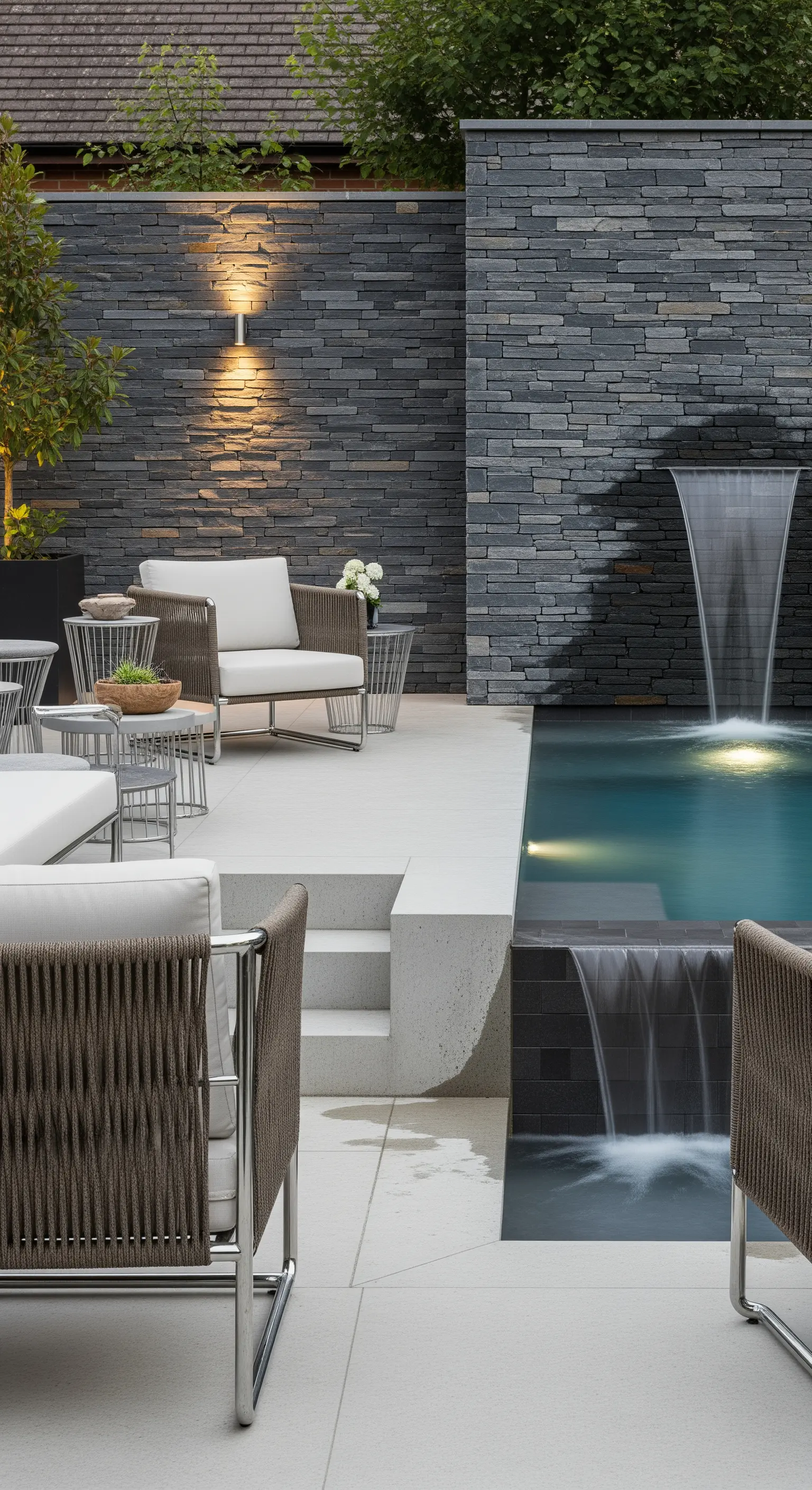 Patio moderno con parete in ardesia, cascata d'acqua in piscina e poltrone in corda.