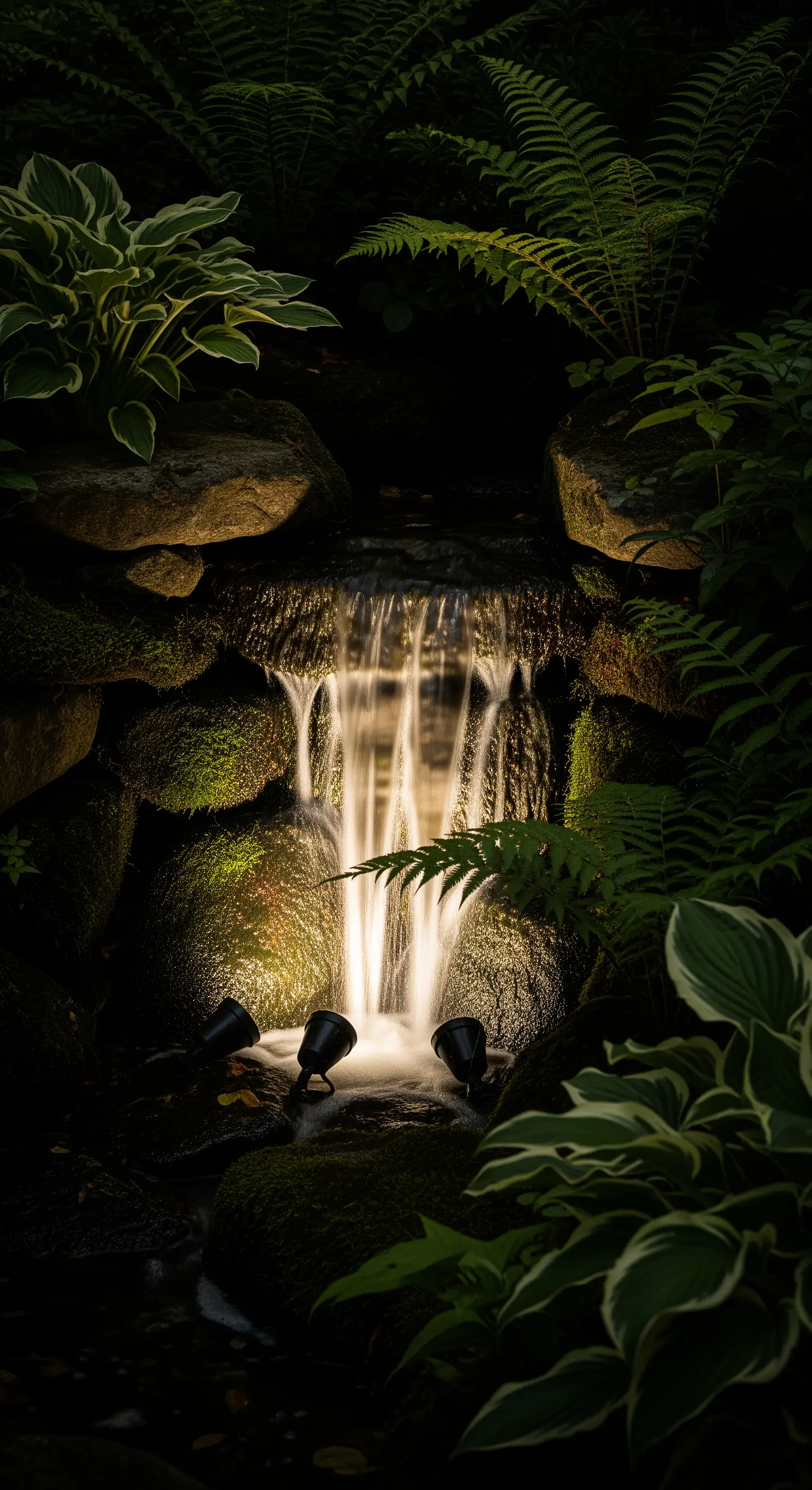 Piccola cascata in un giardino illuminata da faretti nascosti tra le rocce e le felci.
