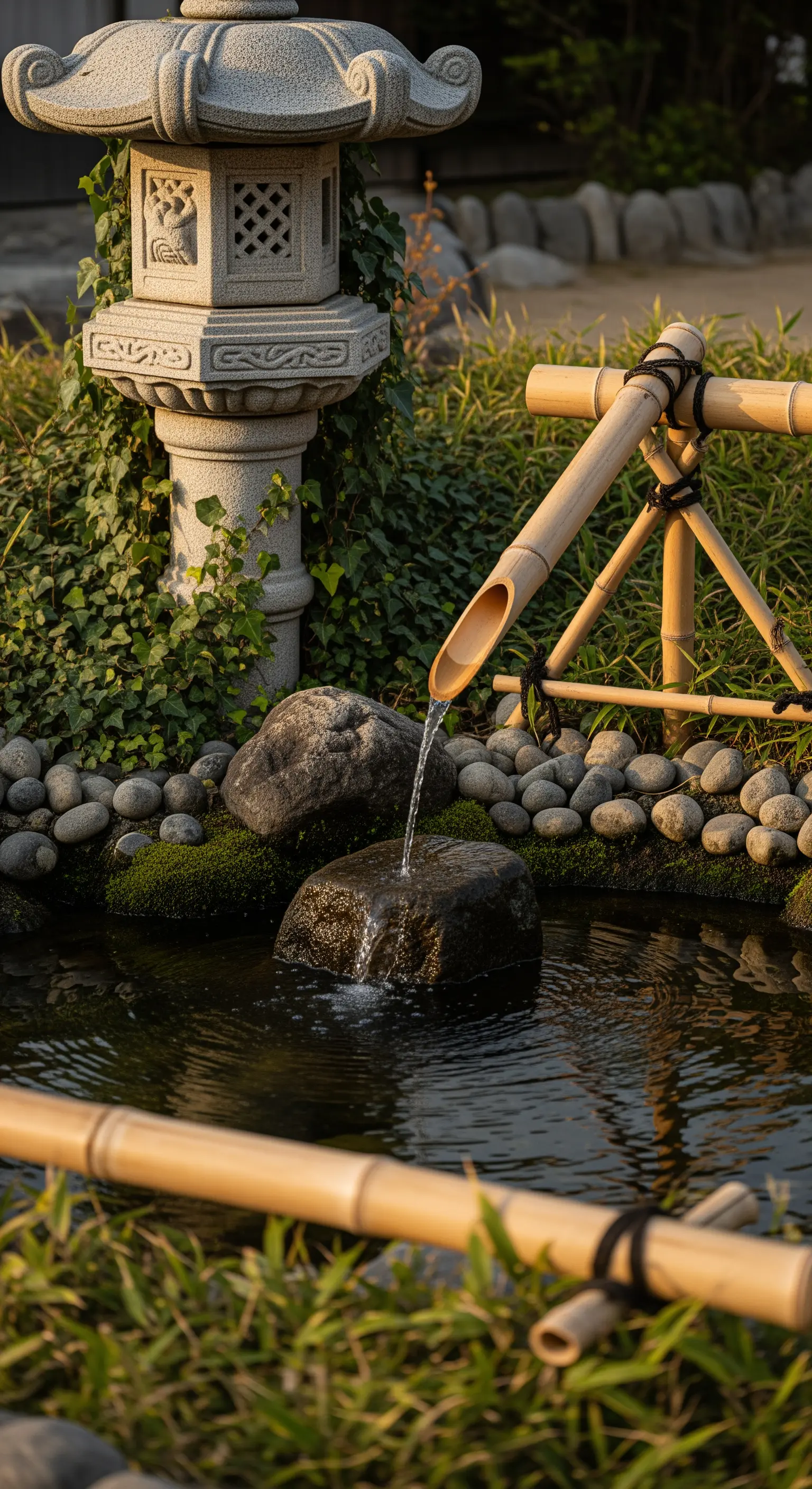 Dettaglio di una fontana shishi-odoshi in bambù che versa acqua su una roccia.