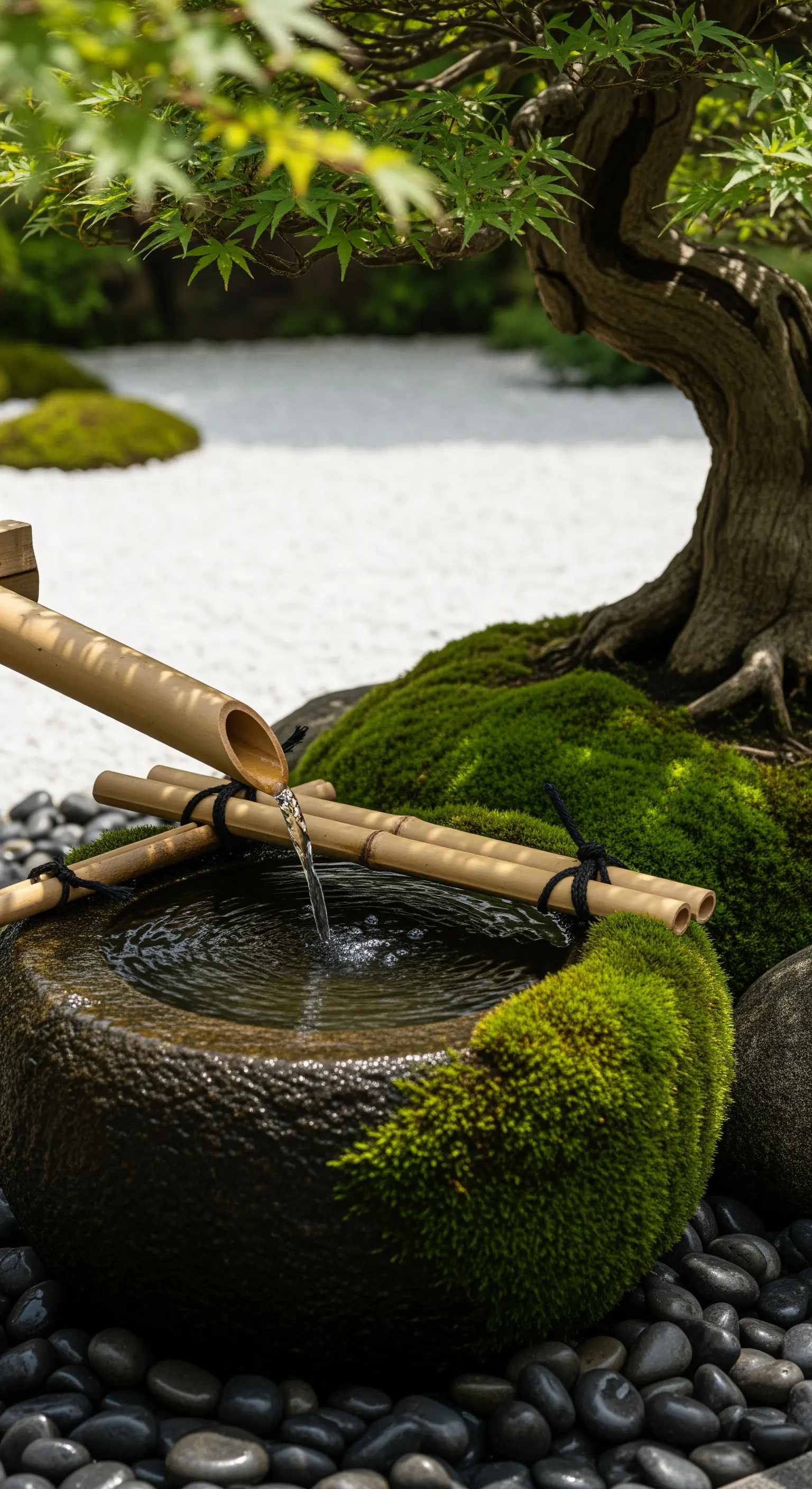 Dettaglio di una fontana giapponese in pietra e bambù, circondata da muschio e ciottoli neri