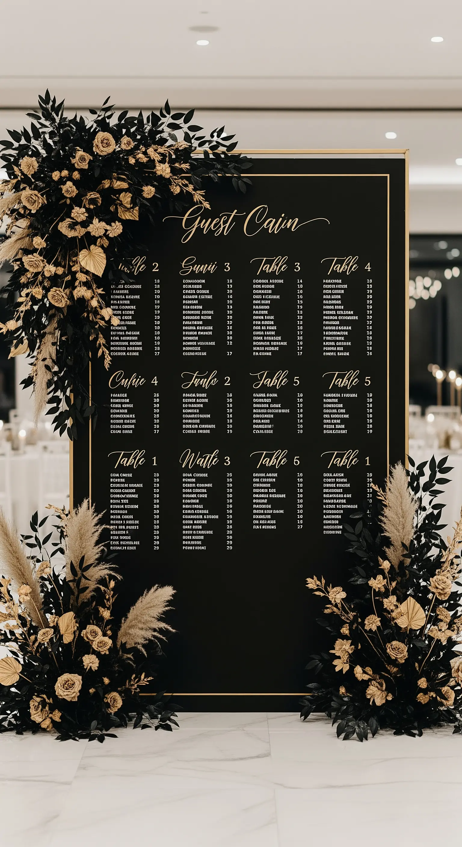 Tableau de mariage nero con scritte dorate e decorazioni floreali nere e oro.