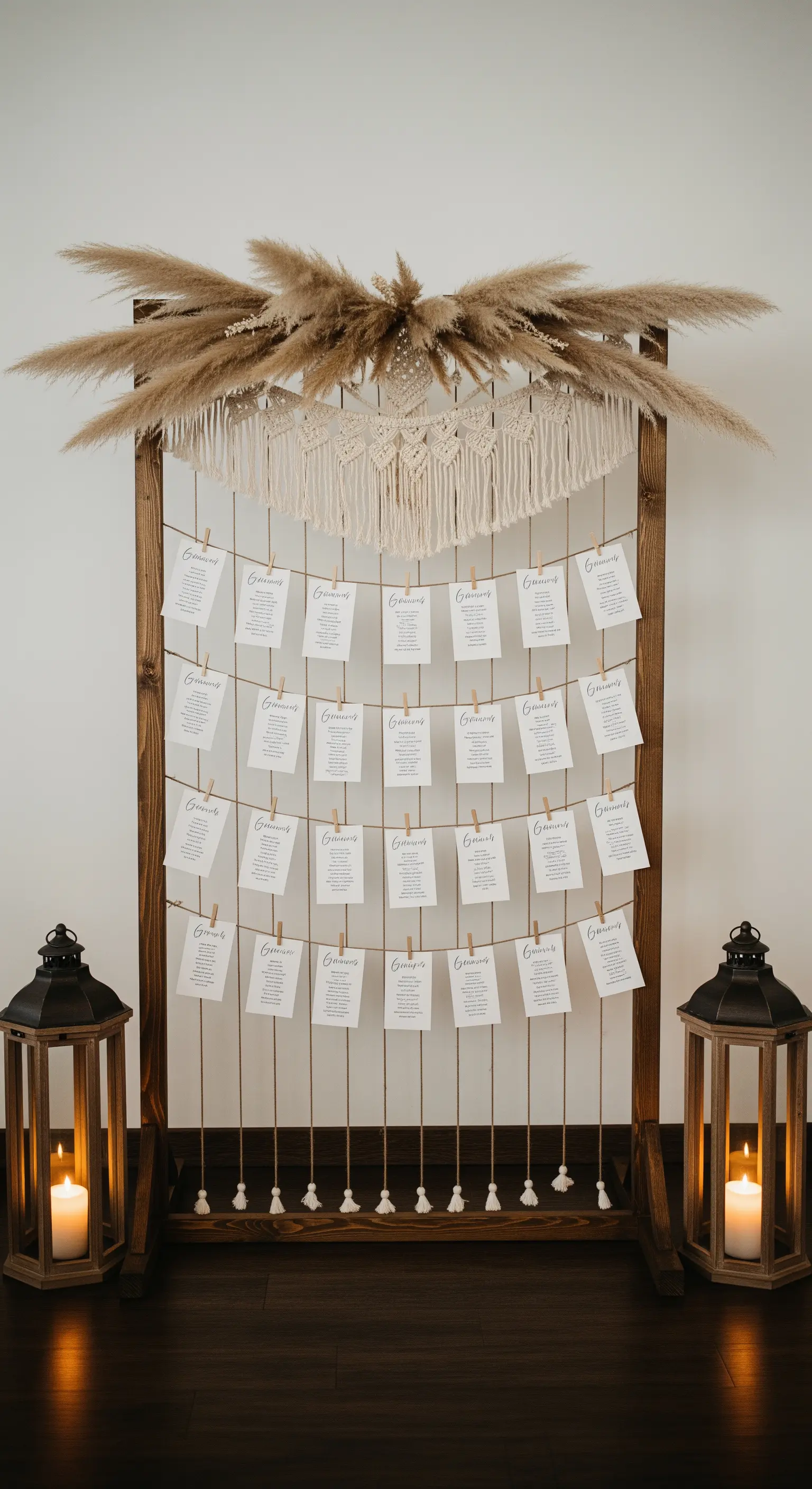 Tableau mariage con cartoncini appesi a fili su una cornice di legno, decorato con macramè.