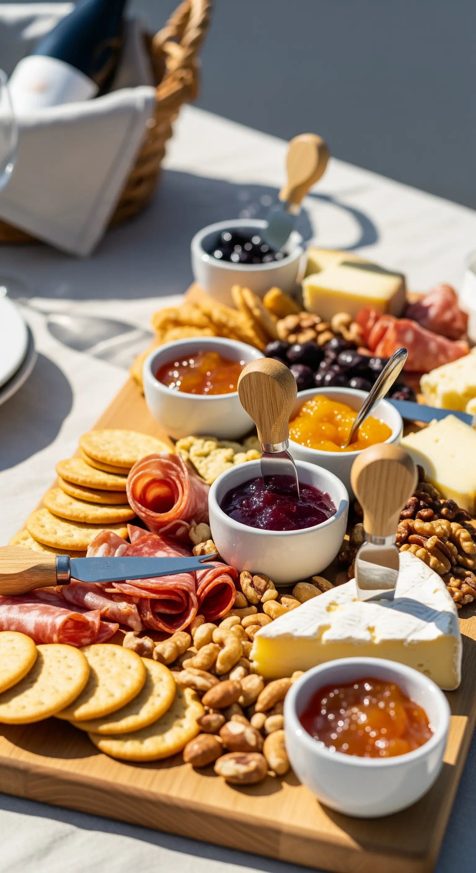 Primo piano di un ricco tagliere di salumi, formaggi, frutta e marmellate per un picnic.