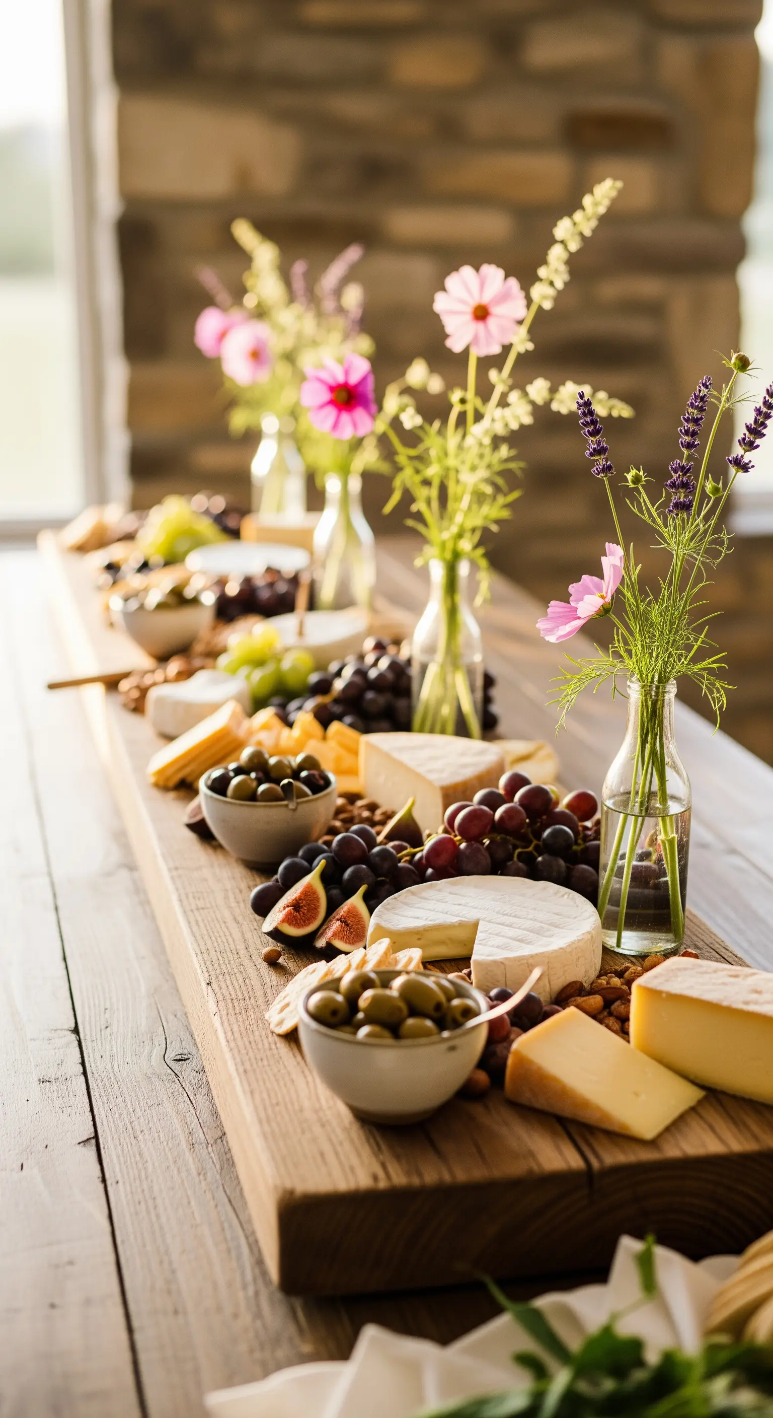 Lungo tagliere in legno con formaggi, frutta e piccoli vasi di fiori di campo.