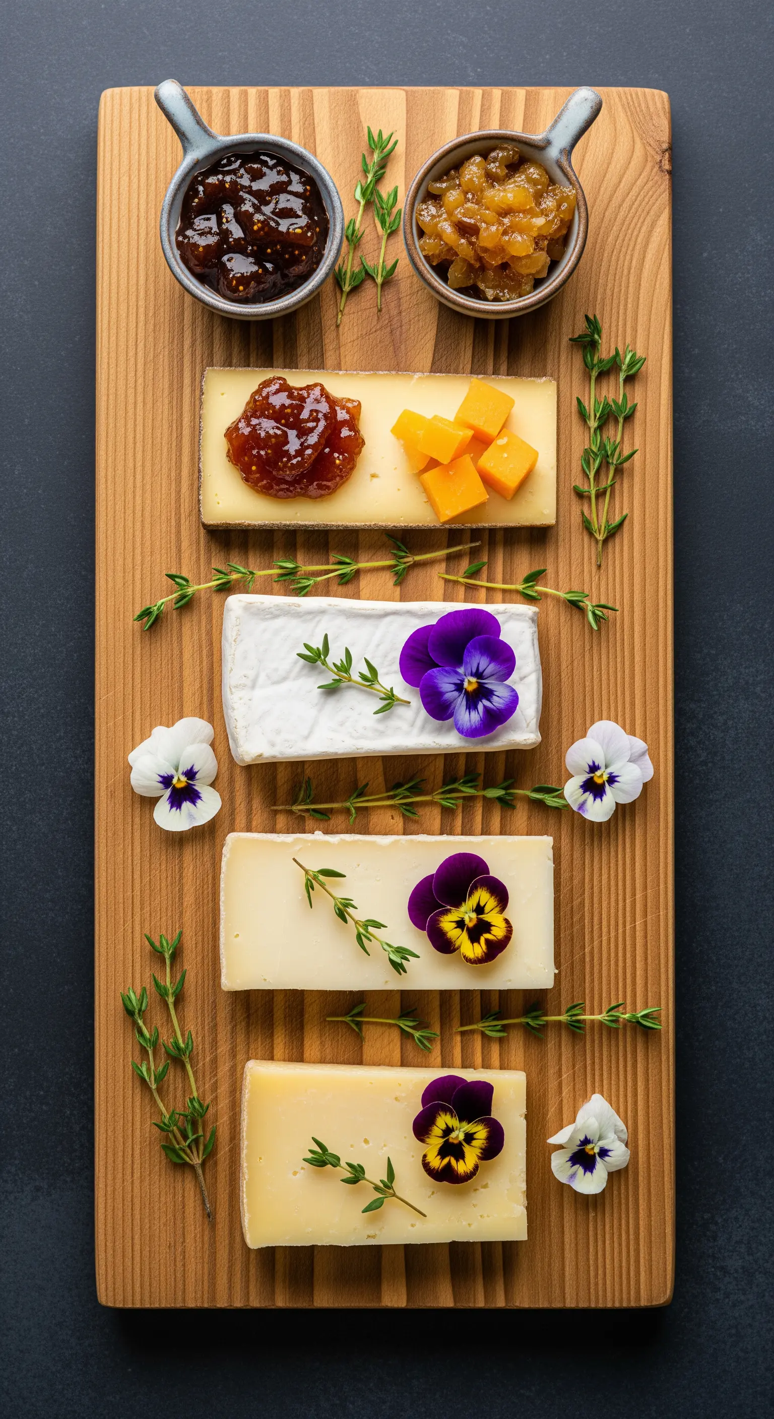 Tagliere rettangolare con formaggi allineati, ognuno decorato con fiori eduli o confetture.