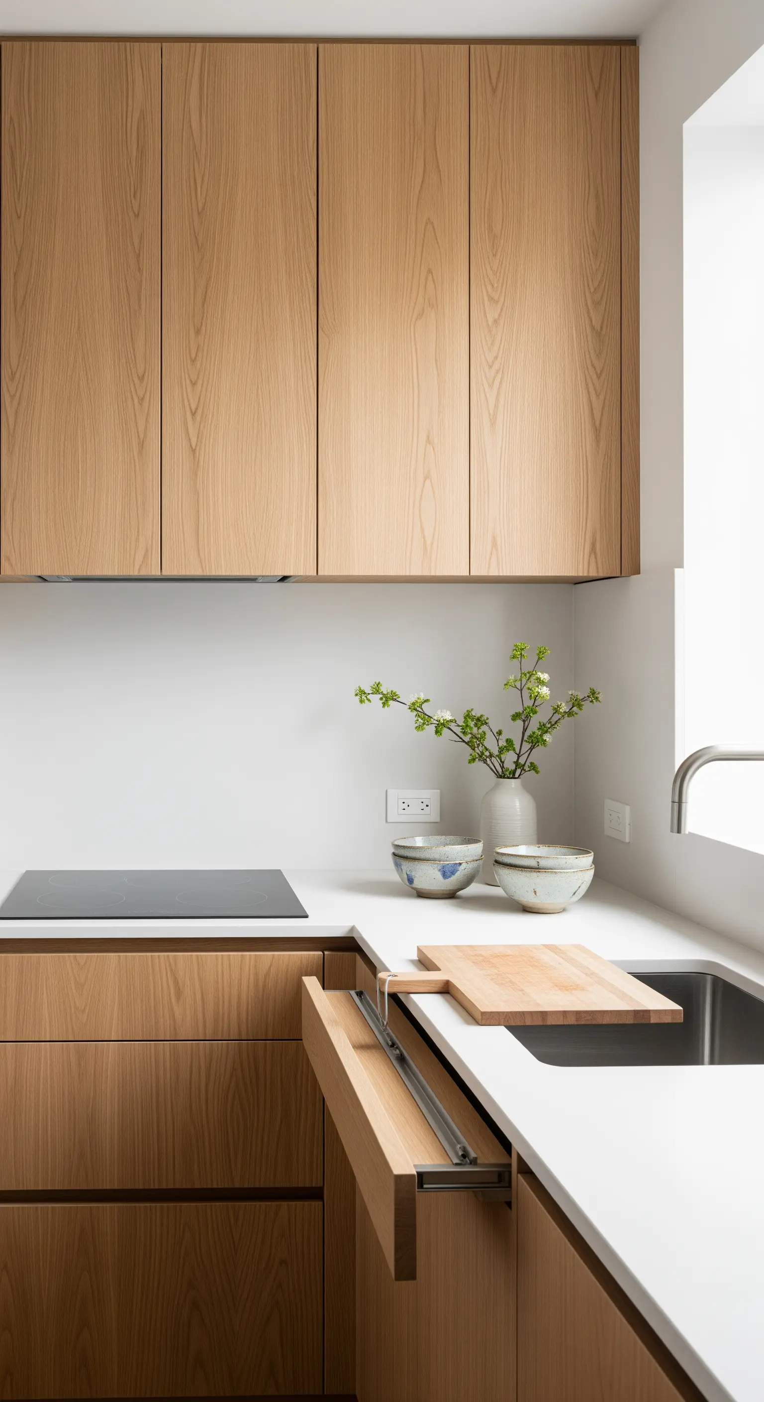 Cucina minimalista in legno con tagliere estraibile integrato vicino al lavello.