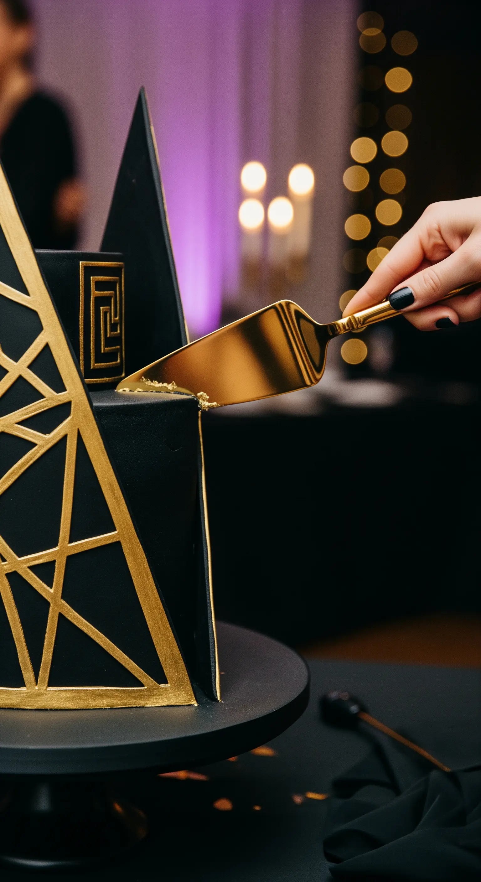 Mano che taglia una torta nera e oro con una paletta dorata dal design moderno.