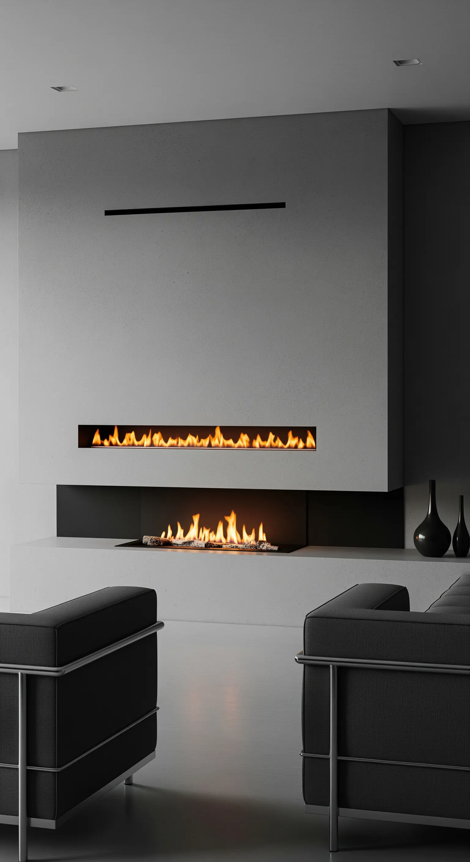 Camino lineare e minimale incassato in una parete grigia effetto cemento.