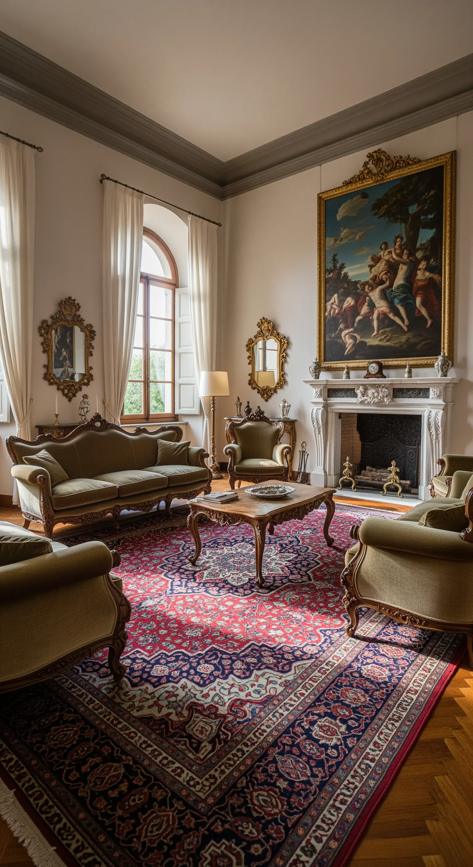 Soggiorno classico con grande tappeto persiano rosso e divani in velluto verde.