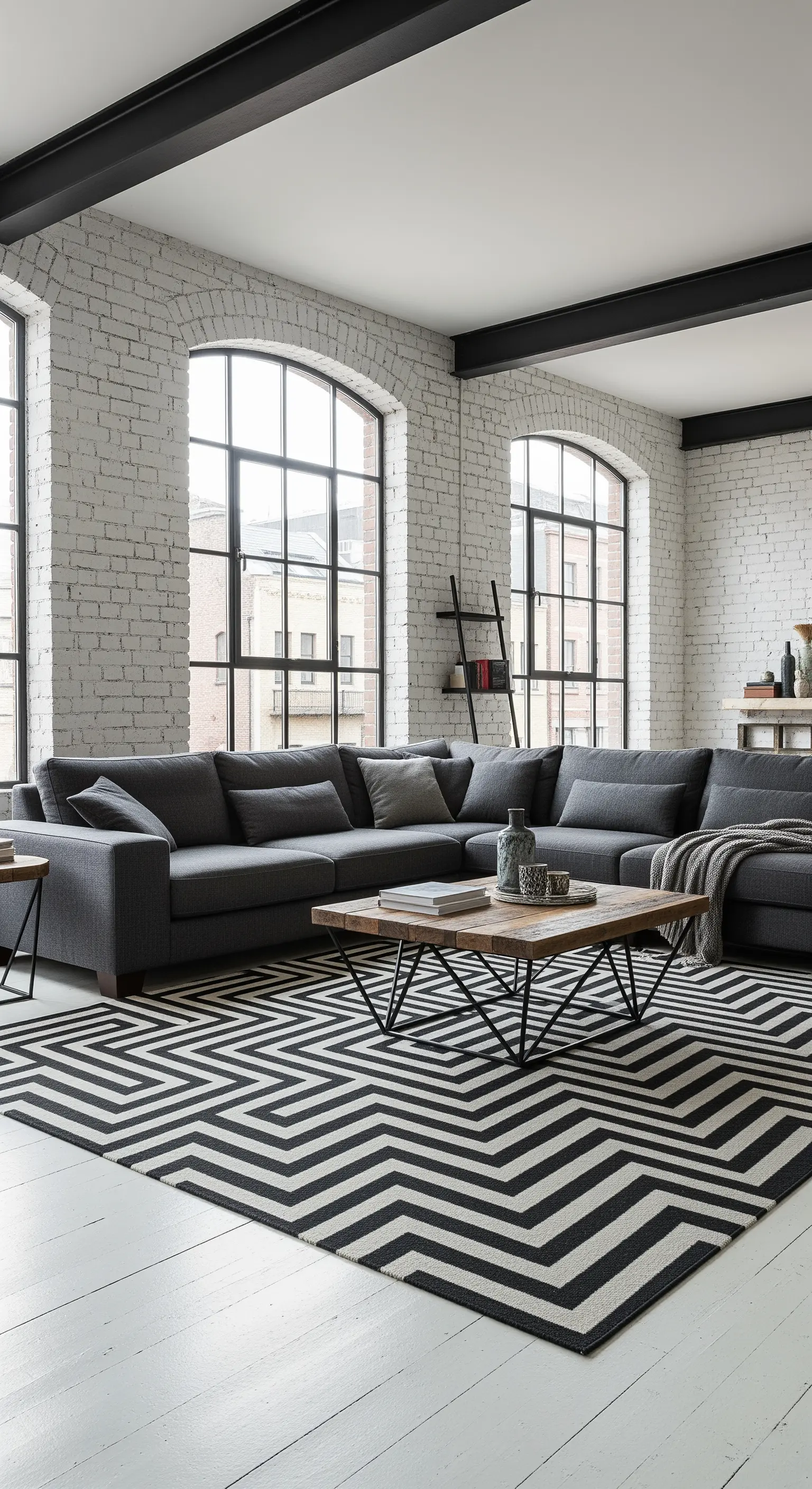 Loft industriale con pareti in mattoni bianchi e un grande tappeto geometrico optical.