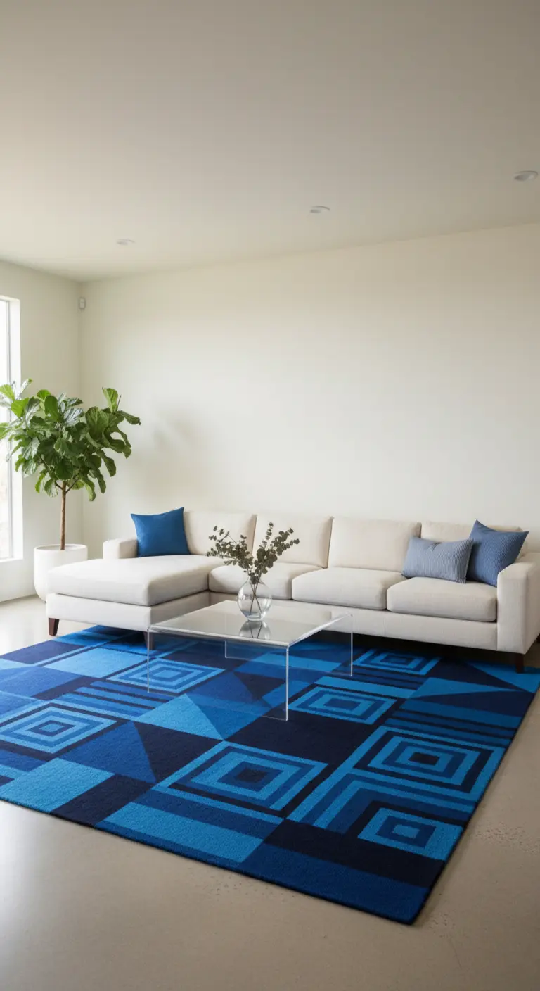 Salotto con divano bianco e un grande tappeto blu con motivi geometrici.