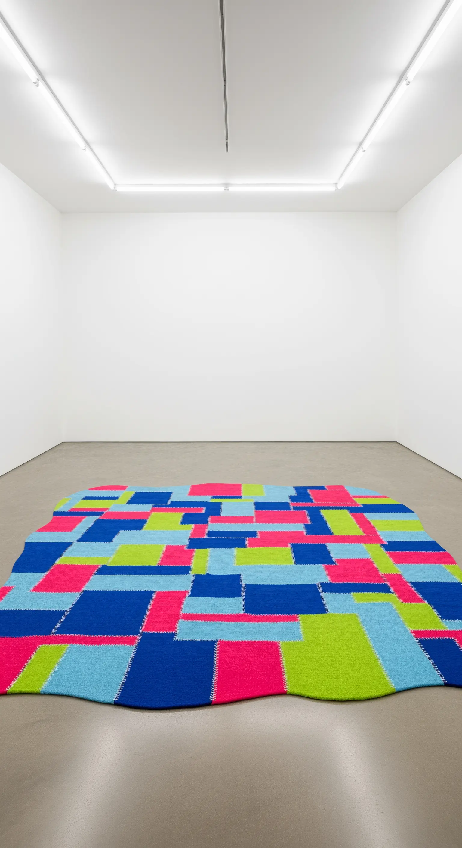 Grande tappeto patchwork astratto con forme e colori vivaci esposto in una galleria d'arte bianca