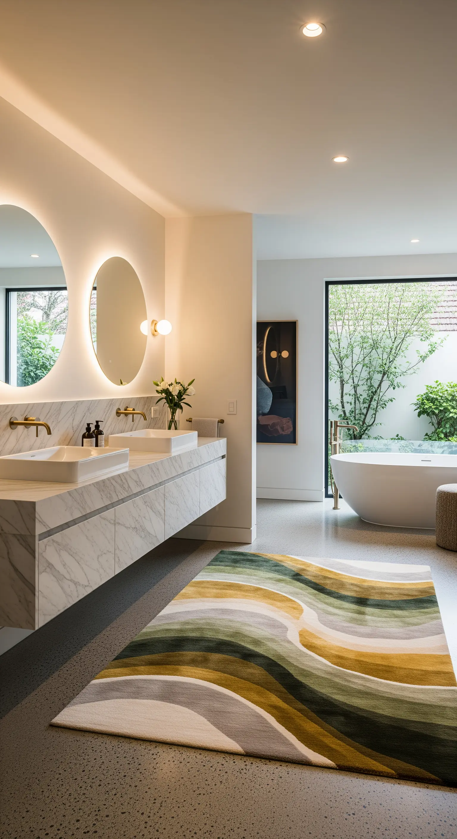 Bagno di lusso con doppio lavabo in marmo e un grande tappeto astratto con onde verdi e gialle.