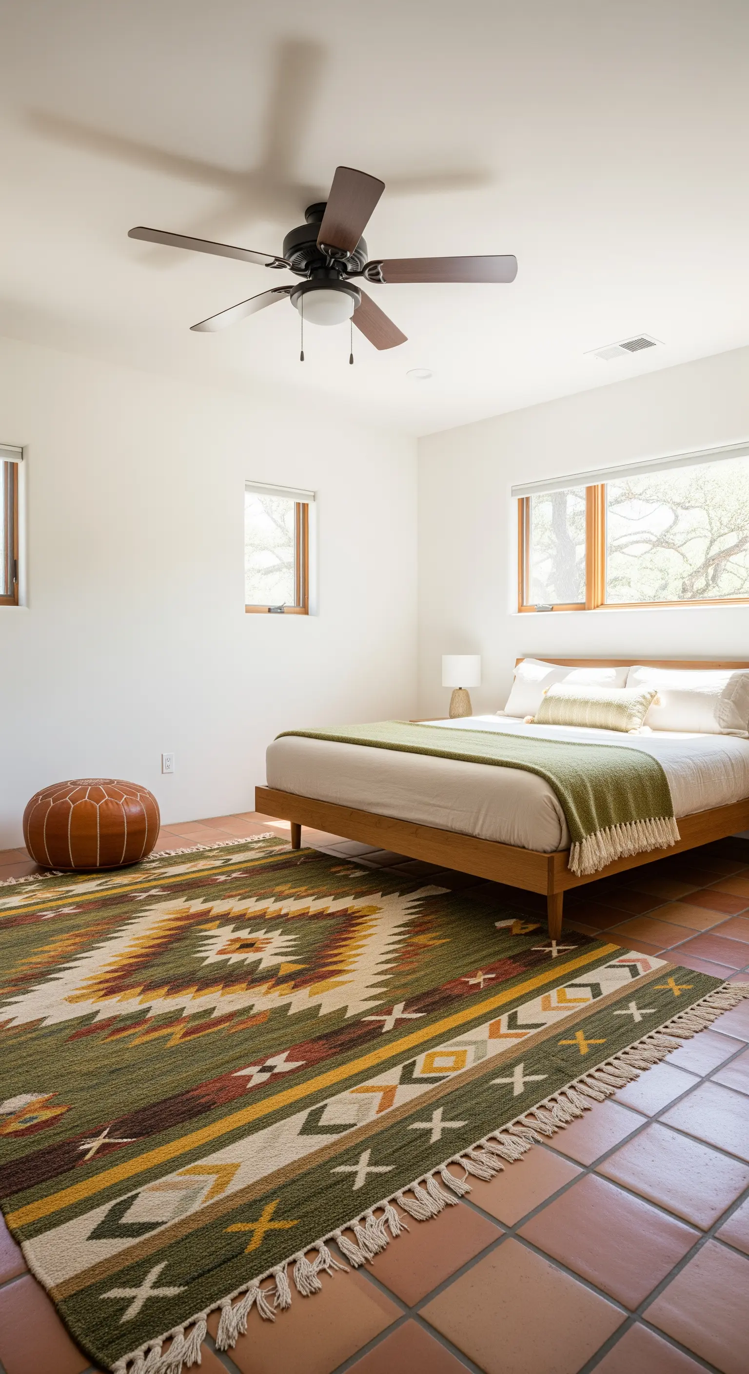 Camera da letto con tappeto kilim dai motivi verdi e senape e pavimento in cotto.