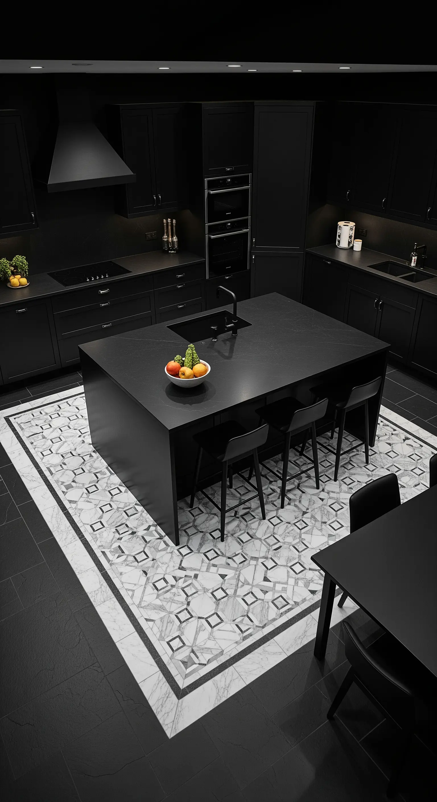 Pavimento nero con un inserto centrale di piastrelle decorate in bianco e nero.