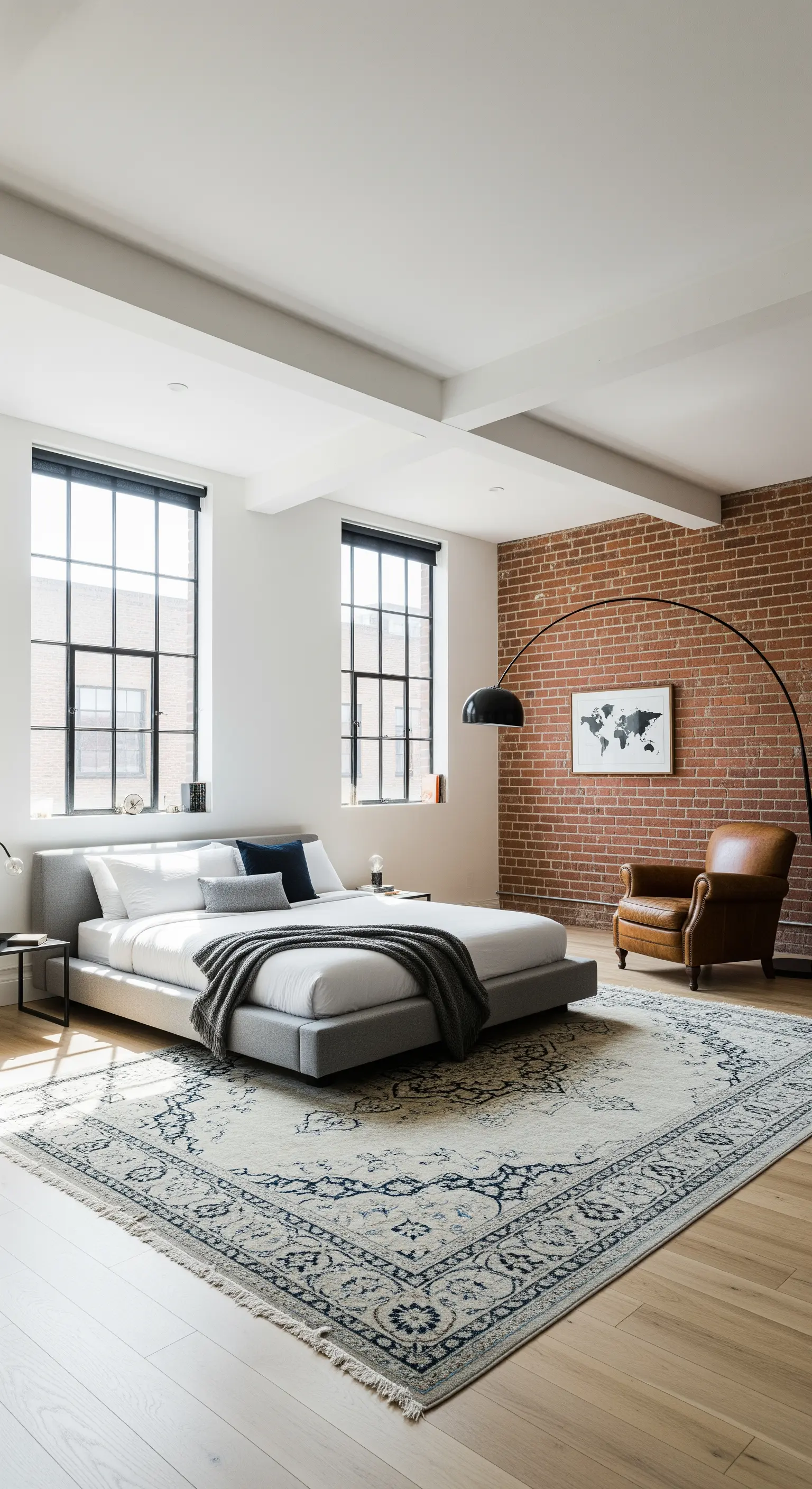 Camera da letto in stile loft con parete in mattoni a vista, letto moderno e tappeto persiano.