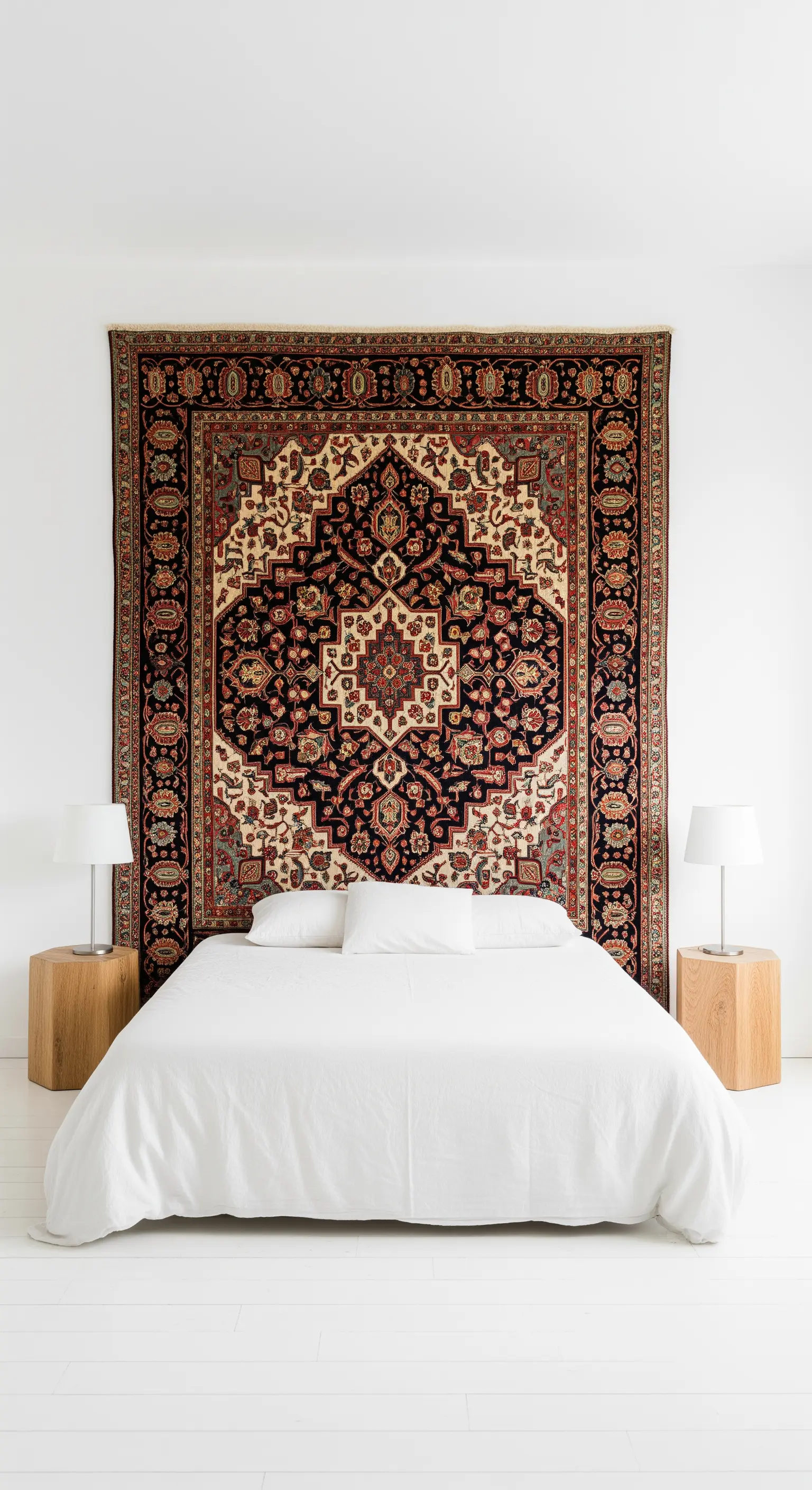 Grande tappeto persiano appeso al muro come testiera dietro un letto con biancheria bianca.