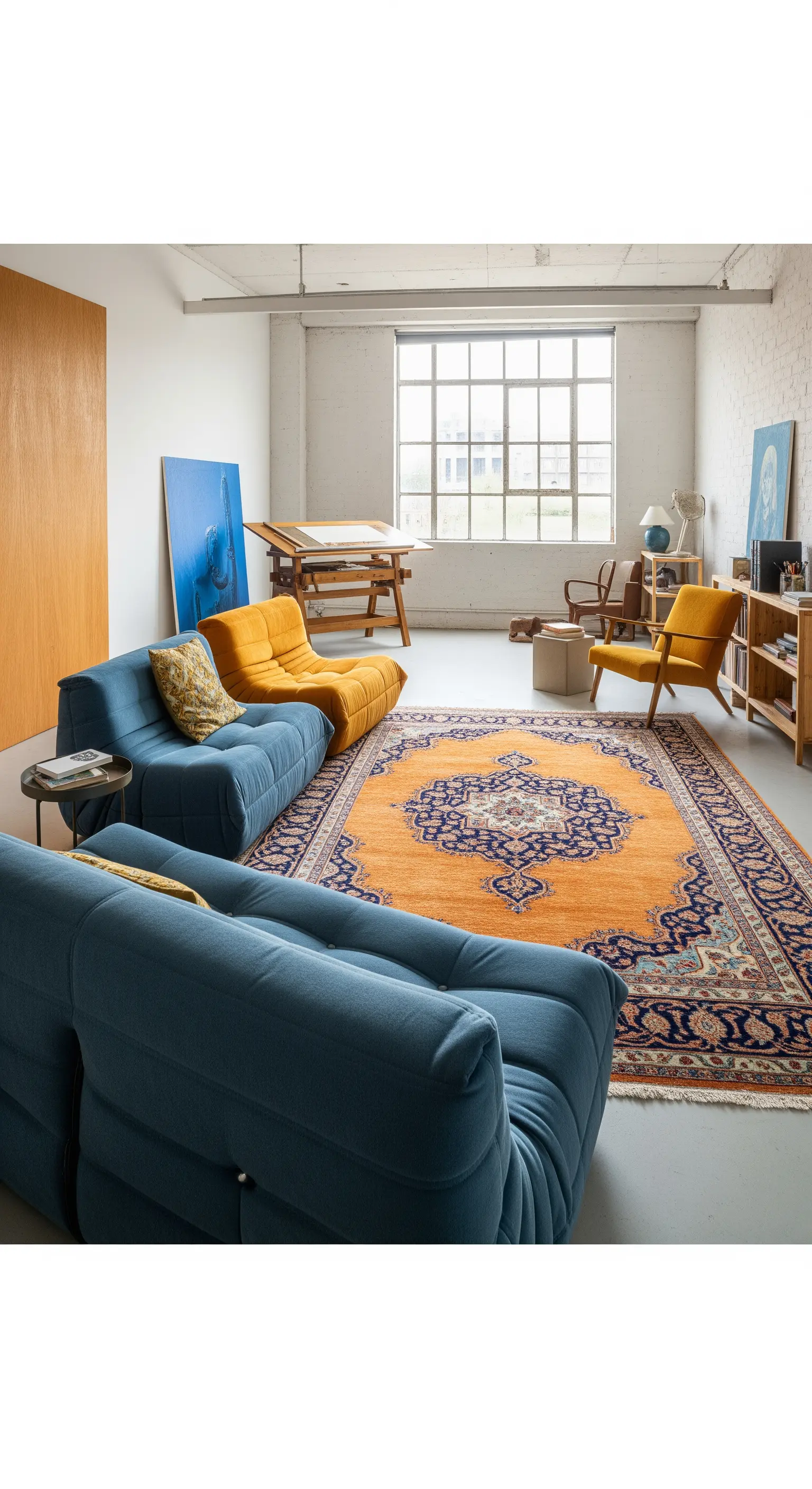 Loft con divani moderni blu e gialli su un grande tappeto persiano arancione.