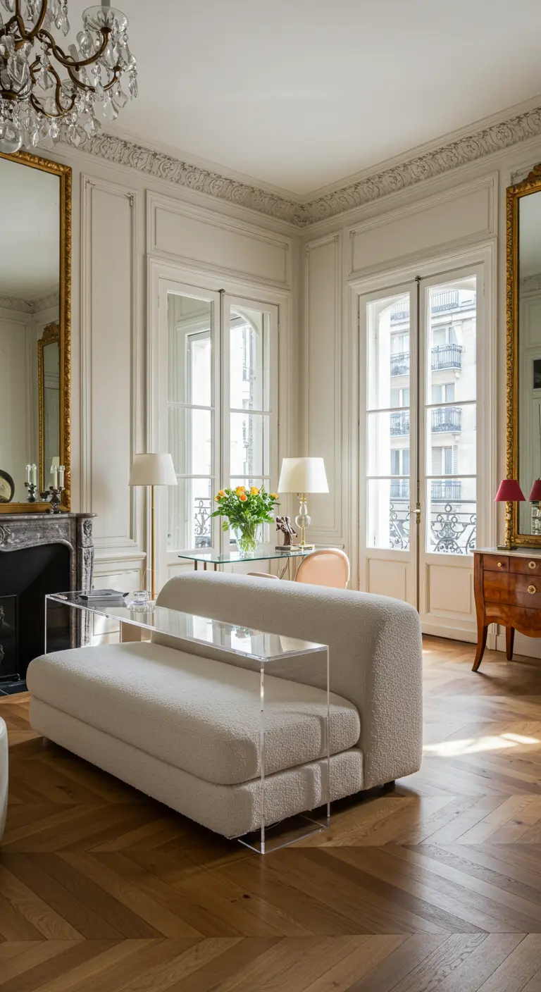 Consolle in plexiglass trasparente posizionata sopra un daybed in tessuto bouclé.