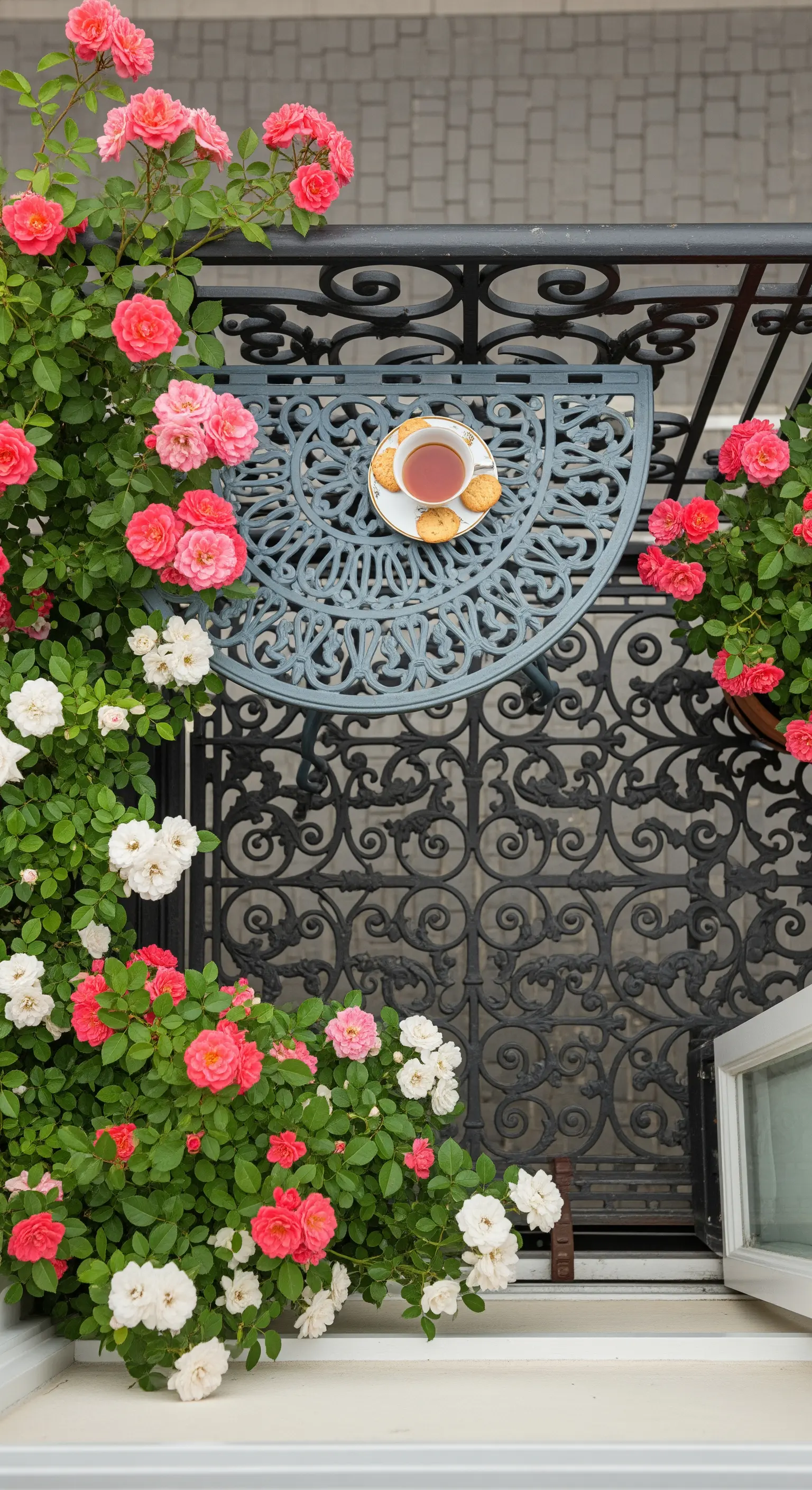 Tavolino a mezzaluna in ferro battuto appoggiato a una ringhiera ornata, circondato da rose