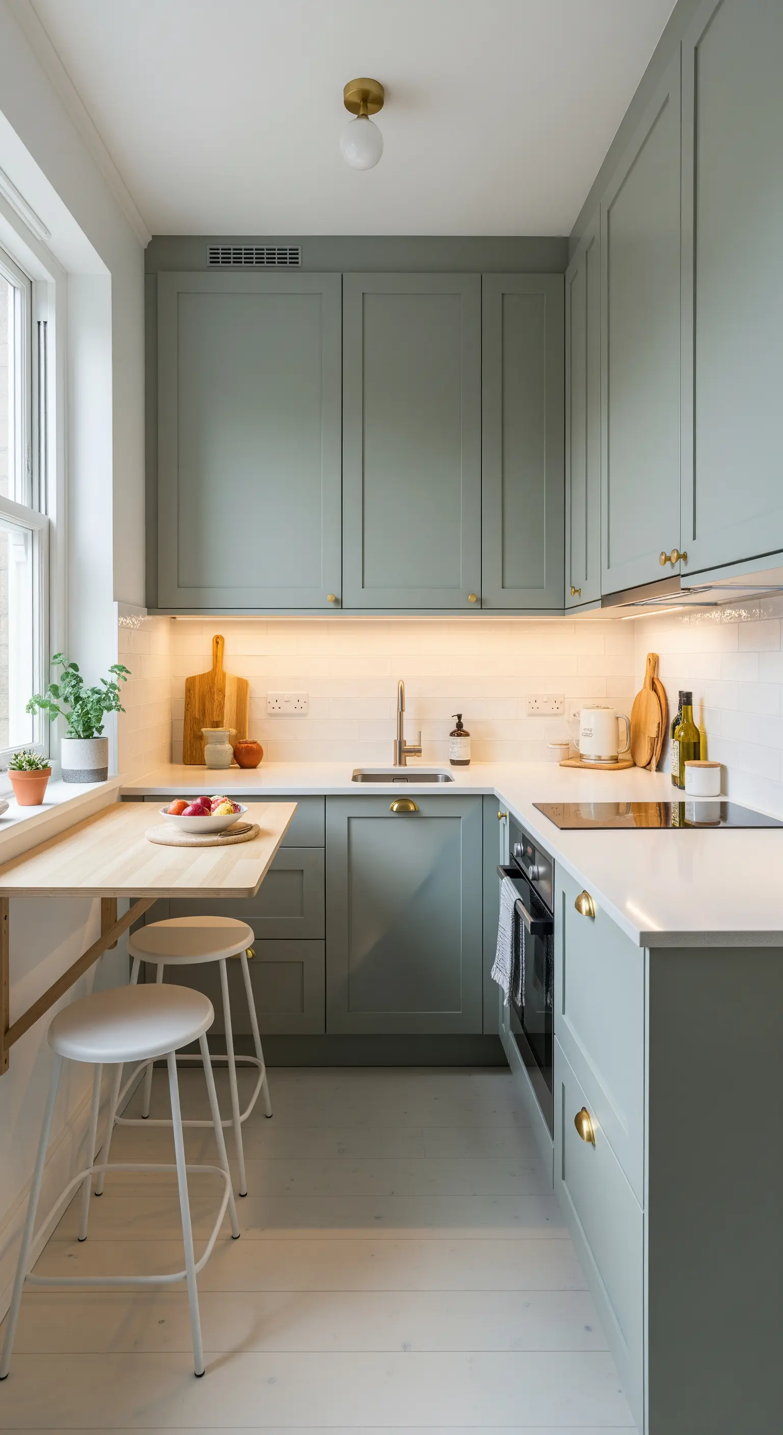 Cucina salvia con tavolo a ribalta in legno chiaro e sgabelli bianchi.